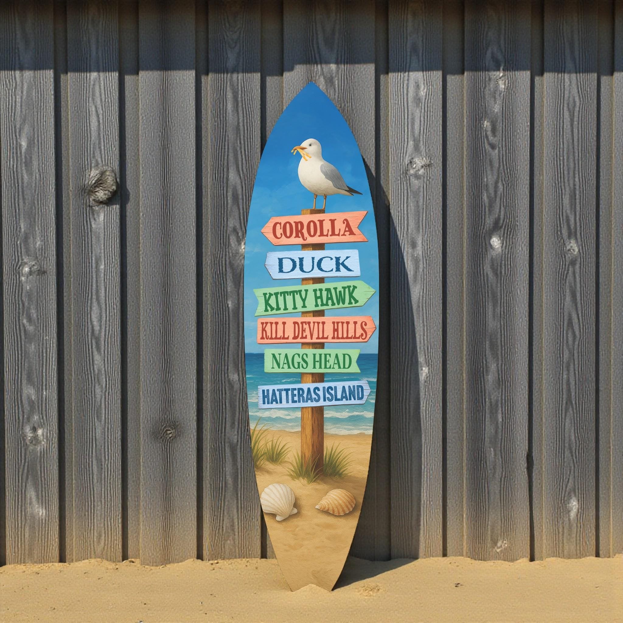 Outer Banks Surfboard Wall Art, Directional Beach Towns Sign, Weather-Resistant PVC Coastal Decor