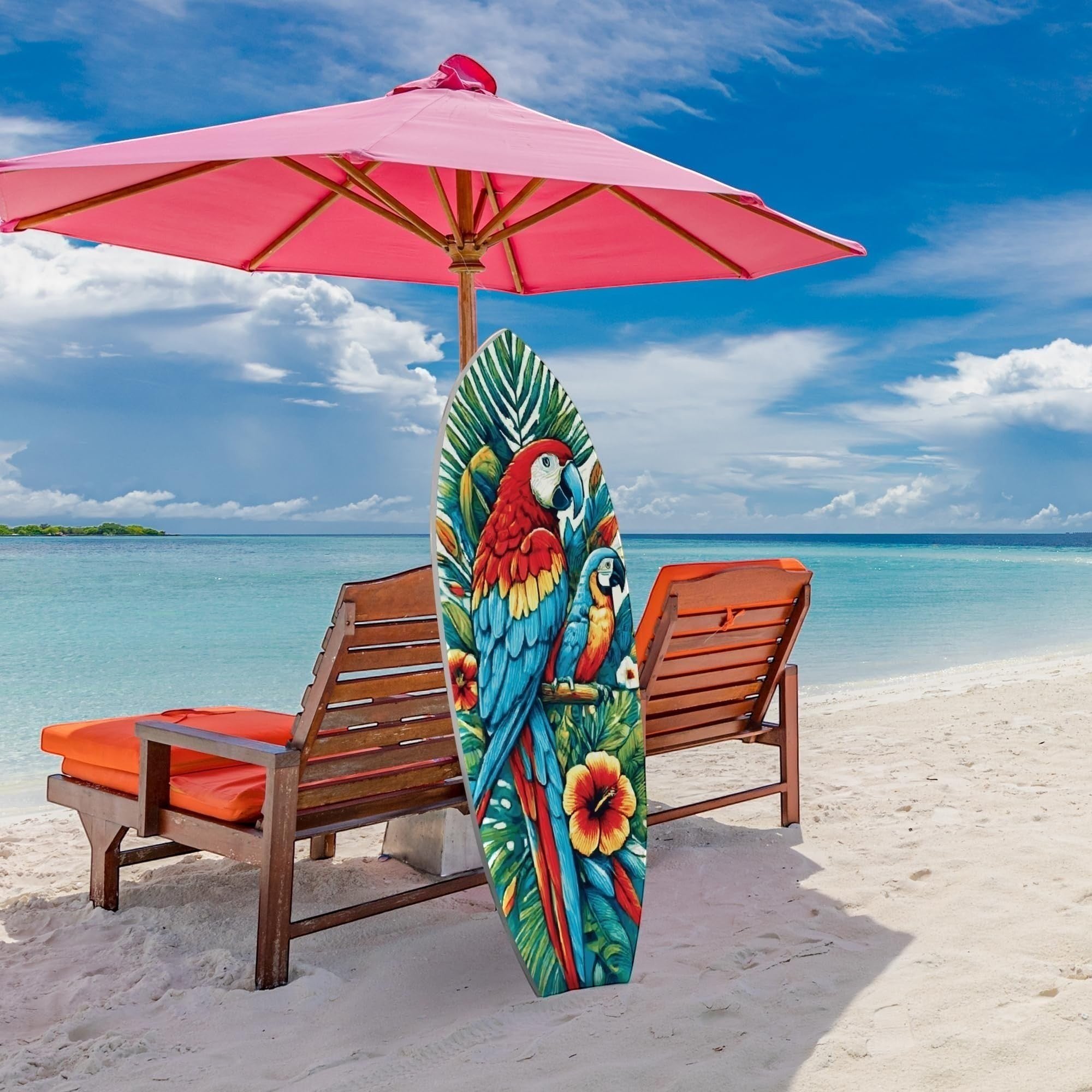 Tropical Parrot Surfboard Wall Art | JennyGems | Macaw & Hibiscus Coastal Decor, Indoor Outdoor PVC