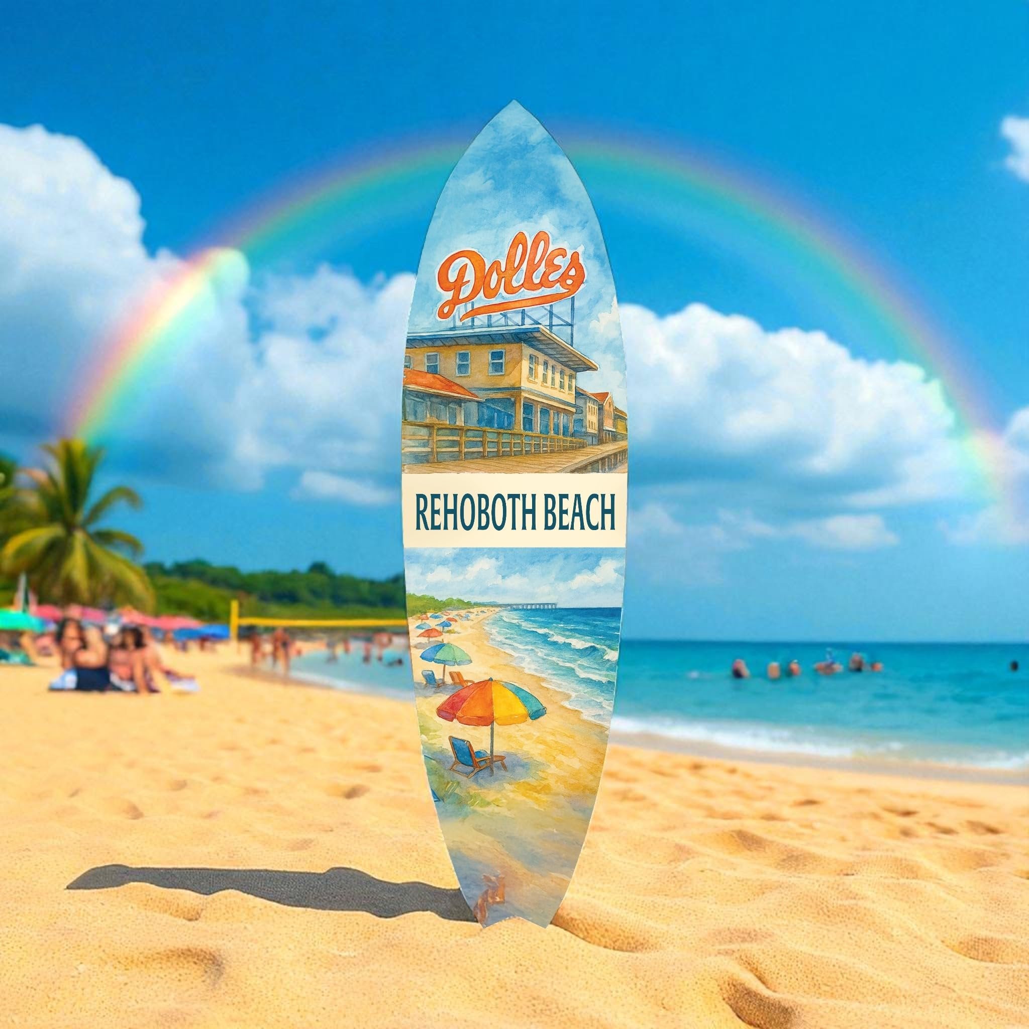 Rehoboth Beach Surfboard Wall Art – Dolle’s Salt Water Taffy Scene, Coastal Decor, Delaware Beach Sign, Outdoor Indoor PVC