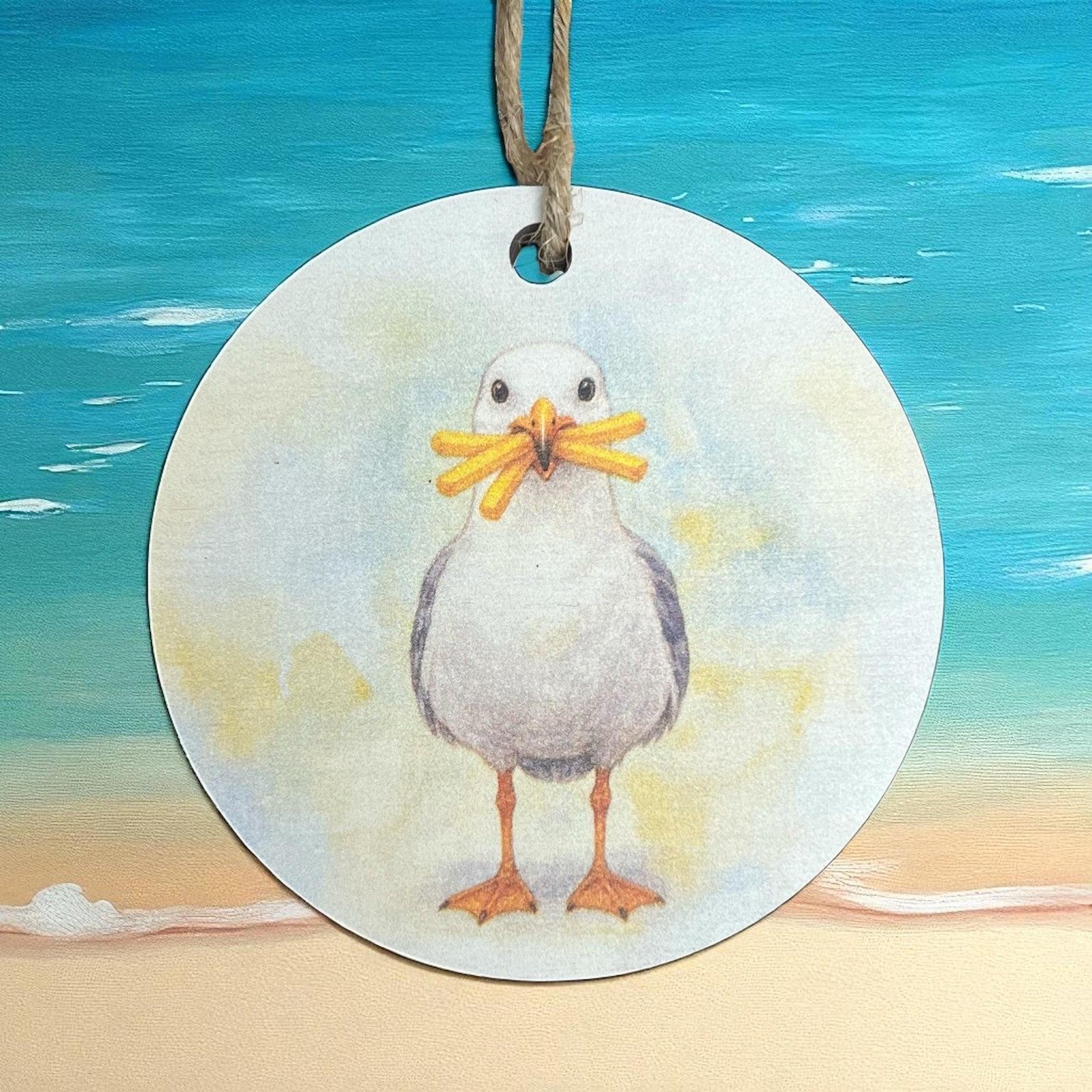 Seagull with Fries Christmas Ornament, Coastal Beach Holiday Décor Wood Ornament