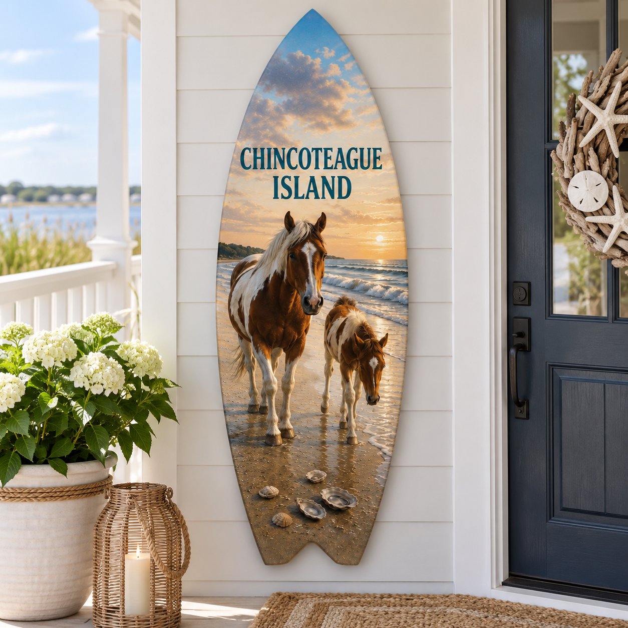 Chincoteague Island Surfboard Wall Art: Ponies & Oysters, Coastal Decor