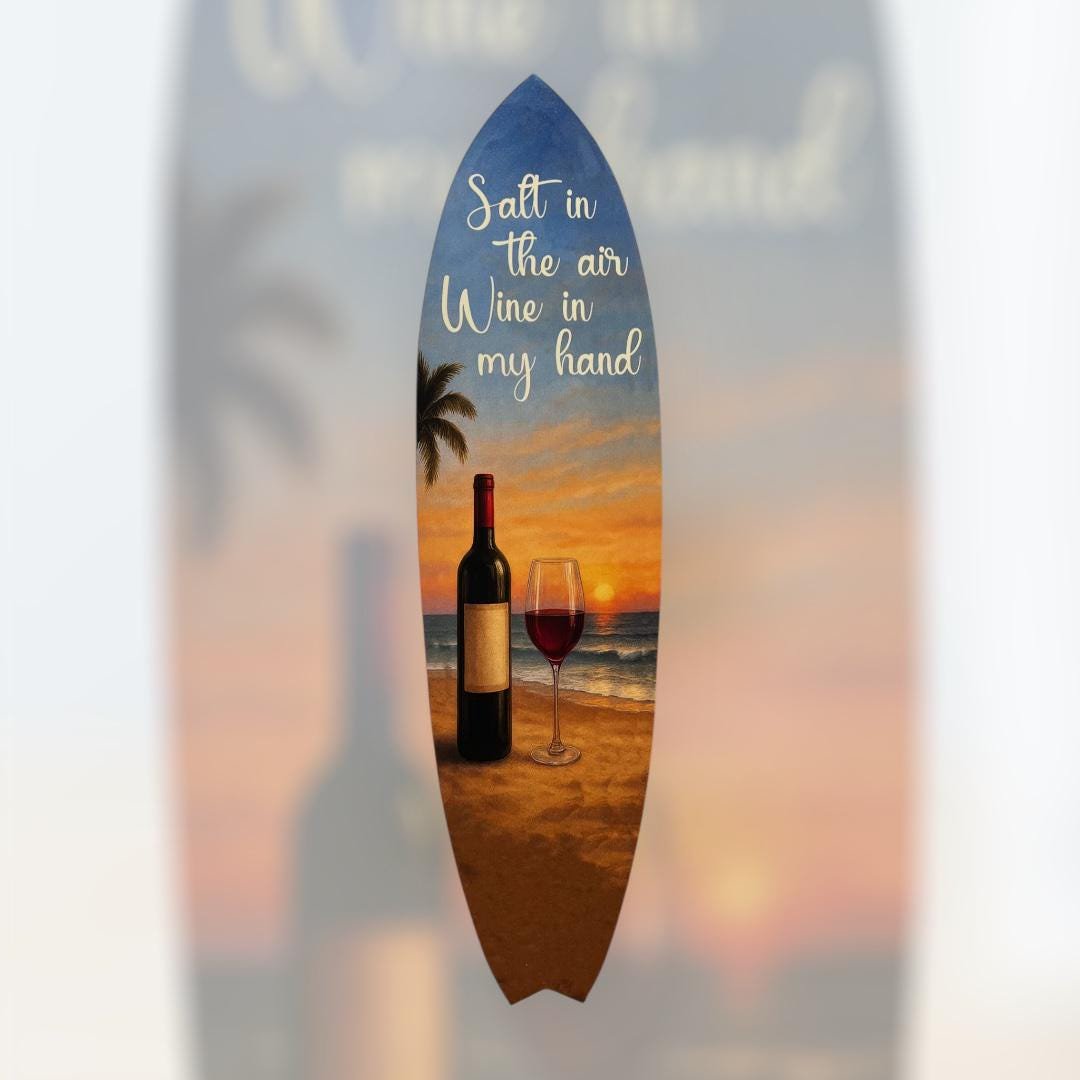 Wine Surfboard Wall Art: Beach Sunset Decor - Coastal Wine Sign