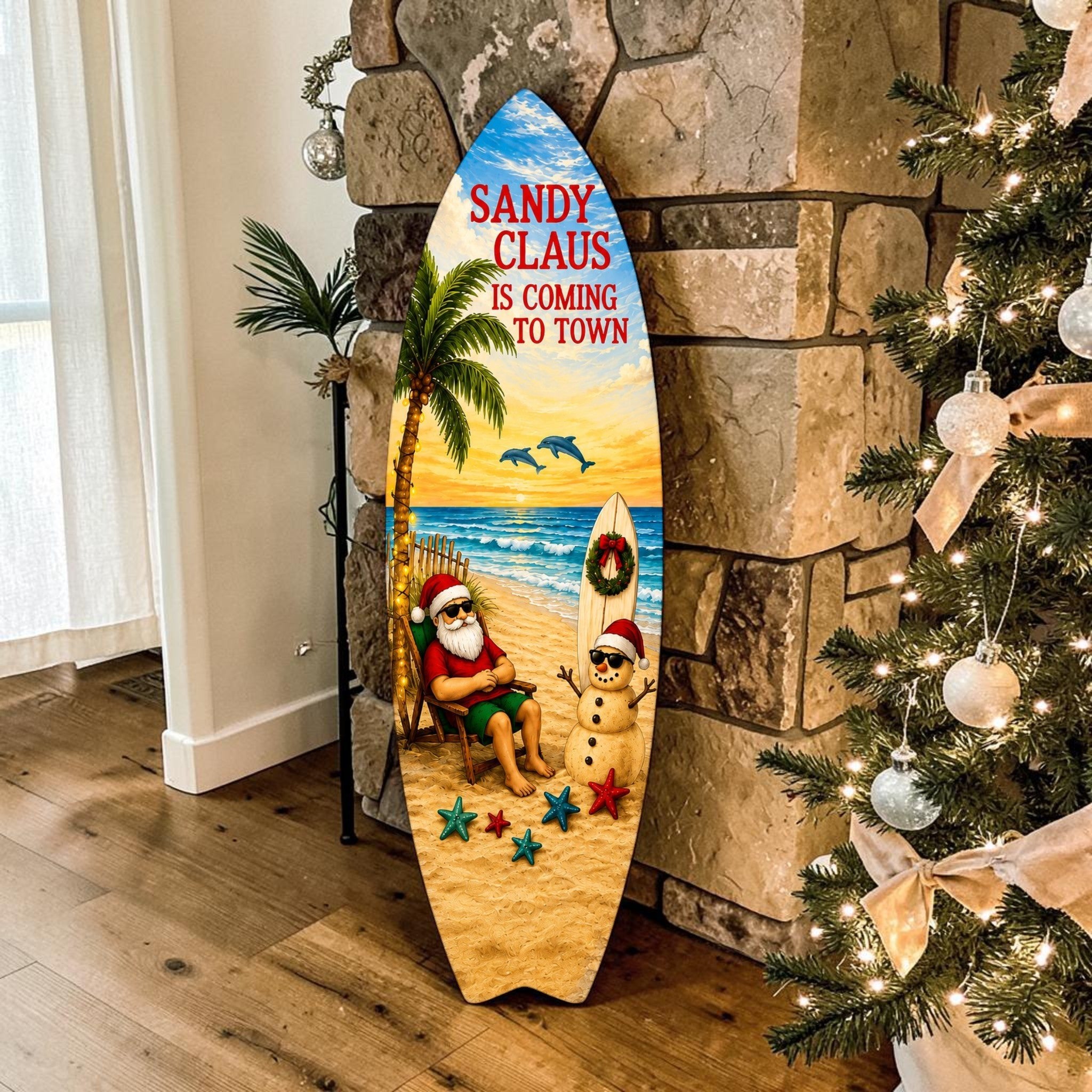 Sandy Claus Christmas Surfboard Wall Art – Outdoor PVC Holiday Decor with Santa Snowman Dolphins