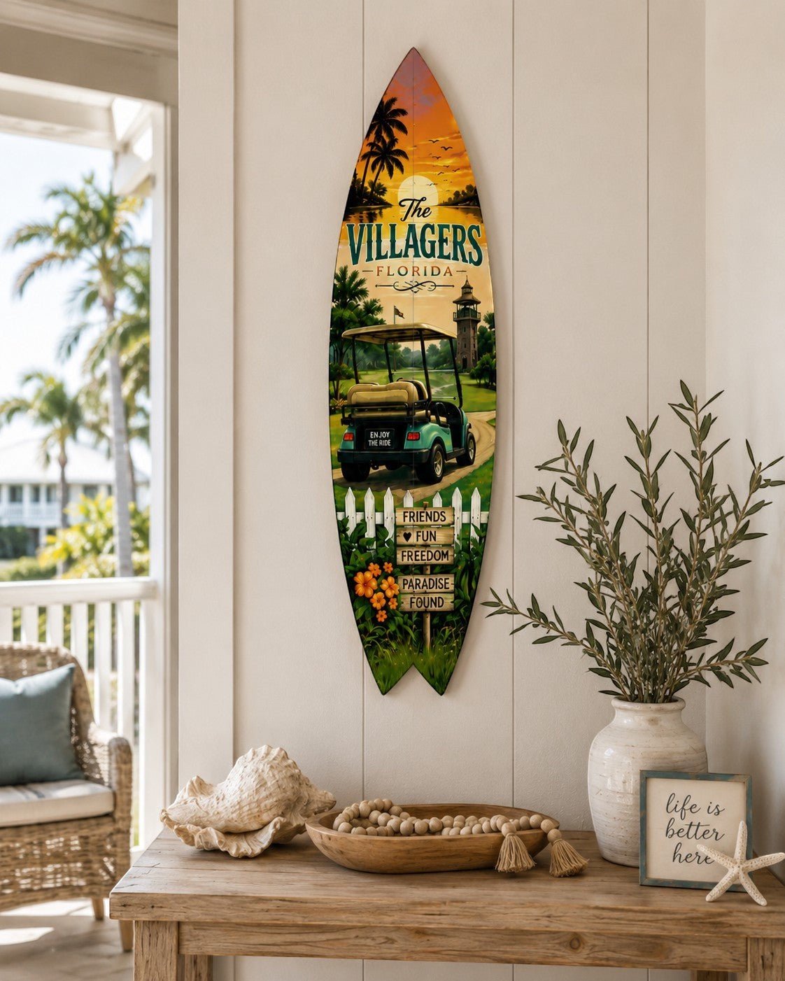 The Villages Florida Surfboard Wall Art Sign – Coastal Home Décor Gift
