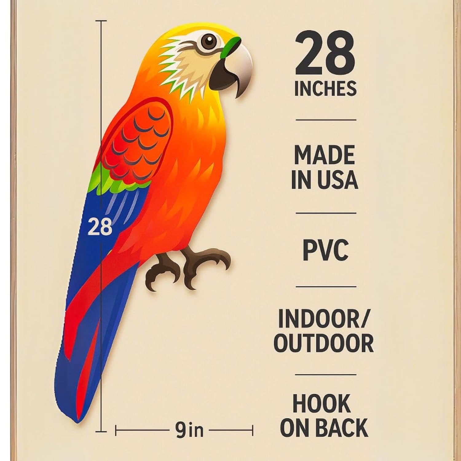 Parrot Wall Decor, Tropical Bird PVC Sign, Tiki Bar & Beach House, 28 Inch