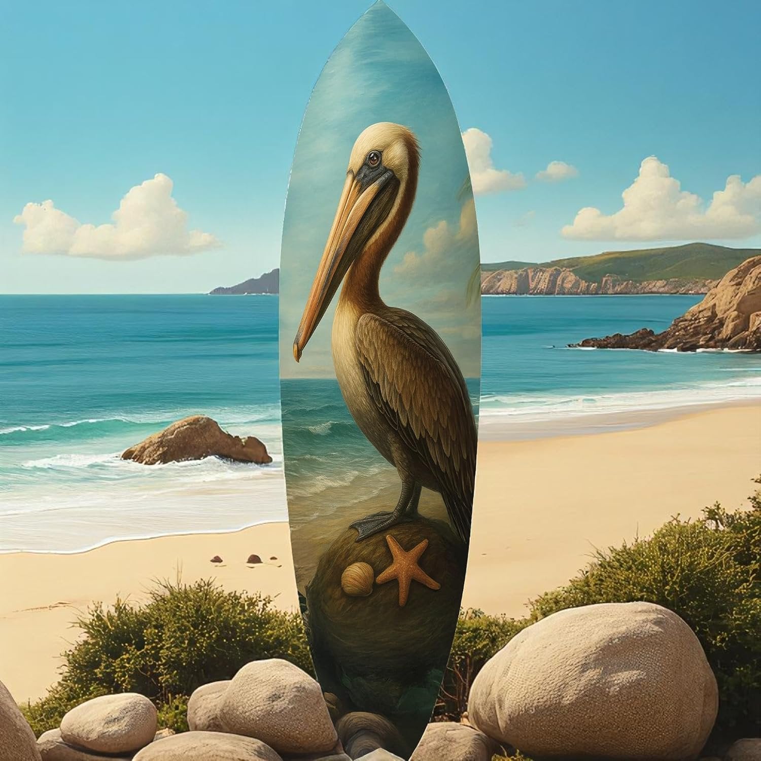 Pelican Surfboard Wall Art, Coastal Bird Decor, Beach House Sign