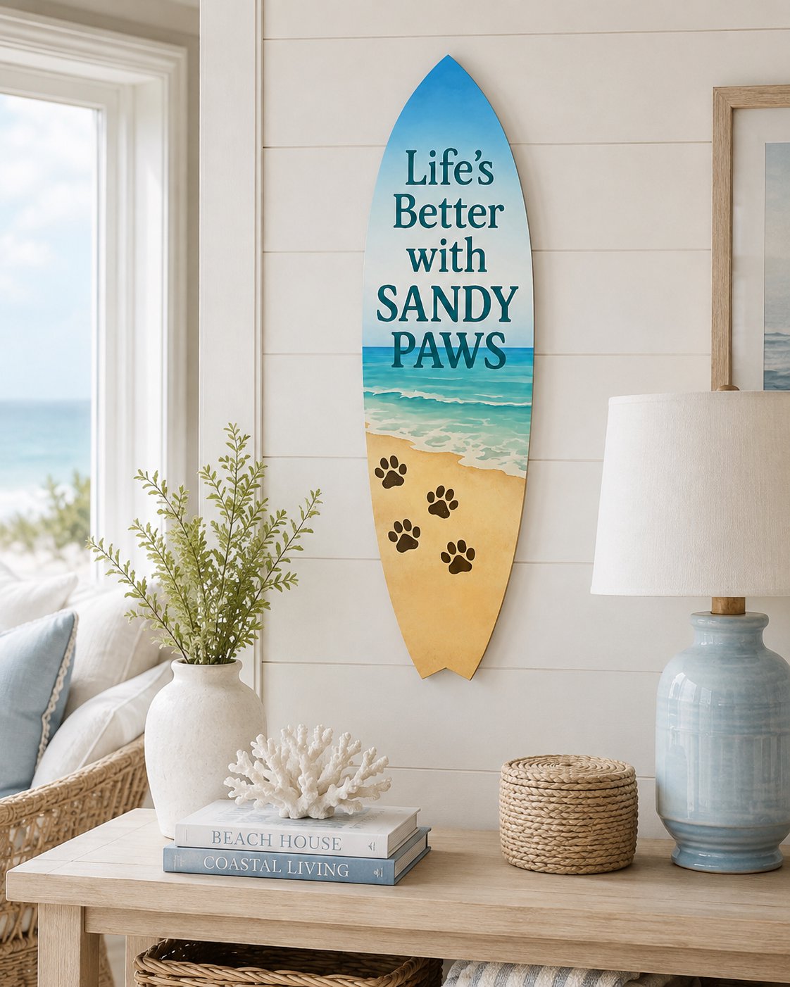 Outdoor Dog Surfboard Wall Decor – Coastal Pet Wall Art for Porch, Pool, Fence, PVC Beach House Decor for Dog Owners, Life's Better Sandy Paws