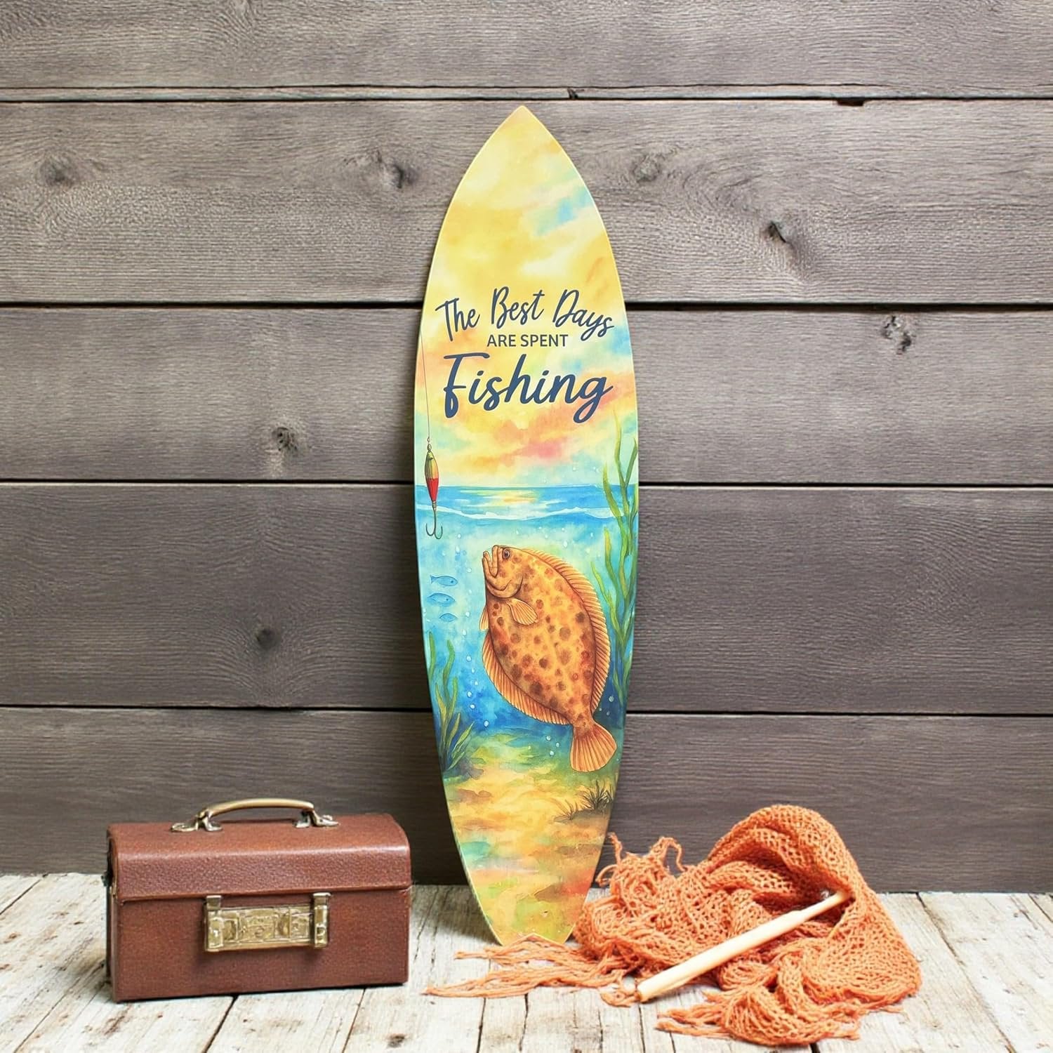 Fishing Surfboard Wall Art - Outdoor PVC Beach House Decor, The Best Days Are Spent Fishing, Coastal Surfboard Sign (4 Foot)