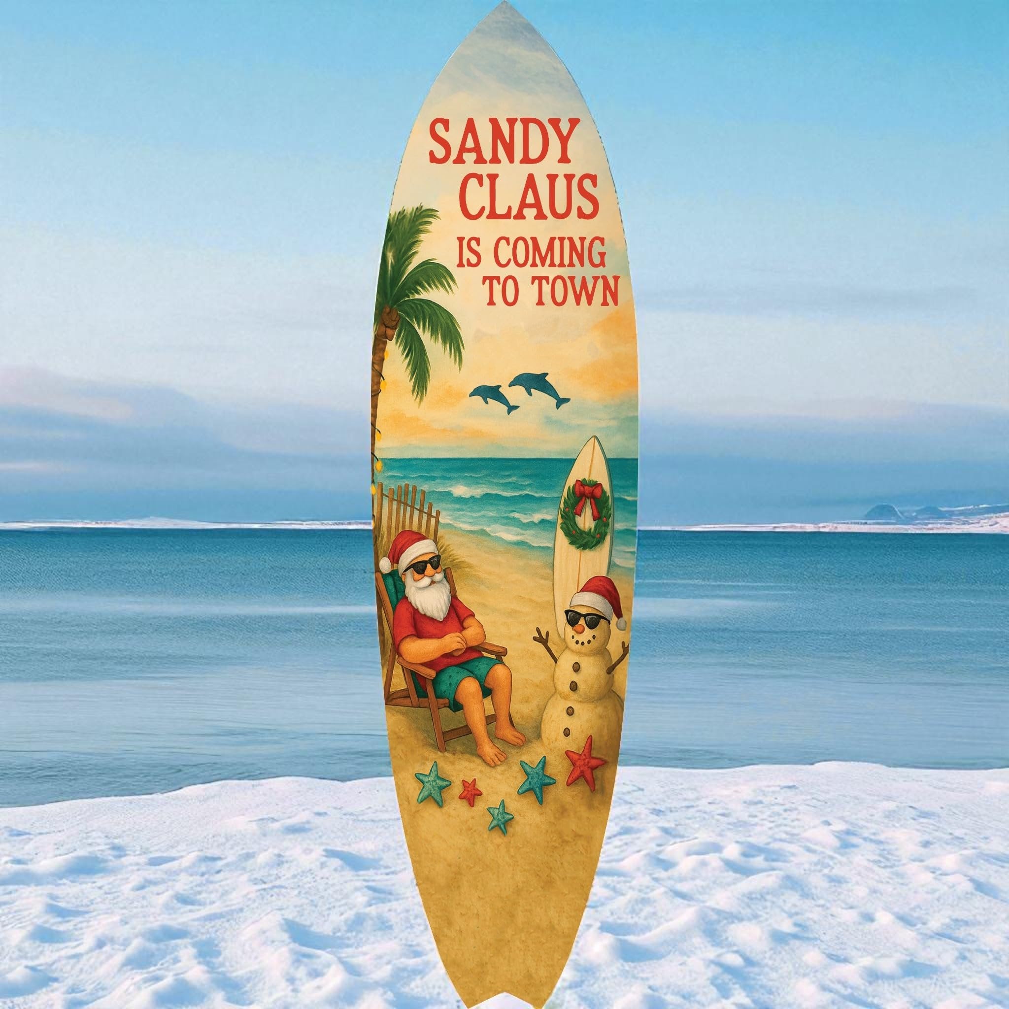 Sandy Claus Christmas Surfboard Wall Art – Outdoor PVC Holiday Decor with Santa Snowman Dolphins