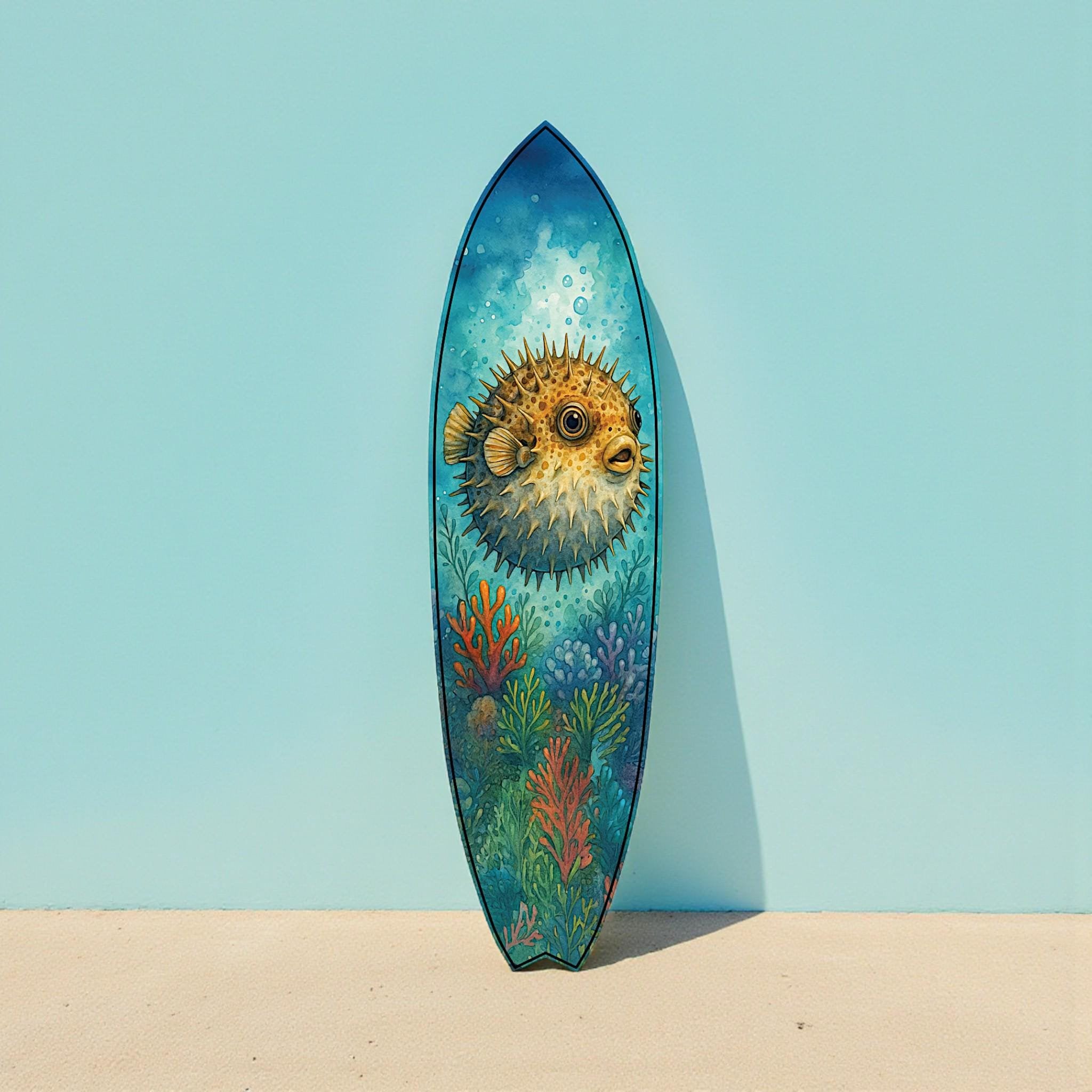 Outdoor Pufferfish Surfboard Wall Art – Coastal Beach House Decor, Vibrant Ocean-Themed, PVC