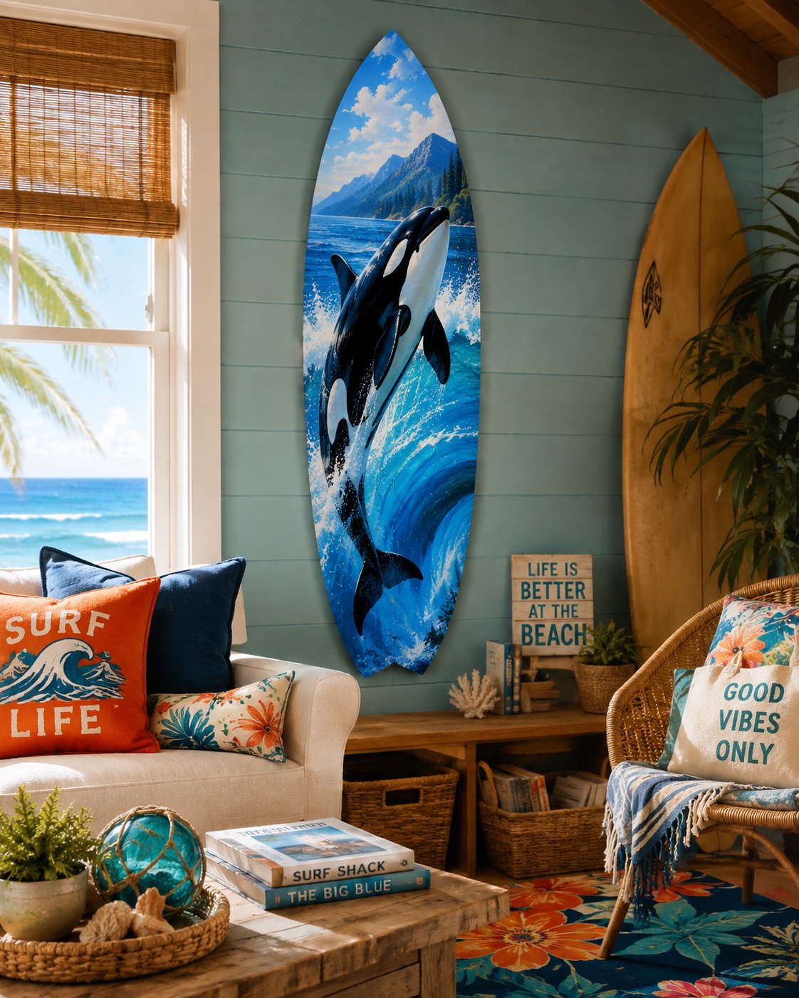 Orca Whale Surfboard Wall Art, Coastal Ocean Decor for Beach and Surf Spaces