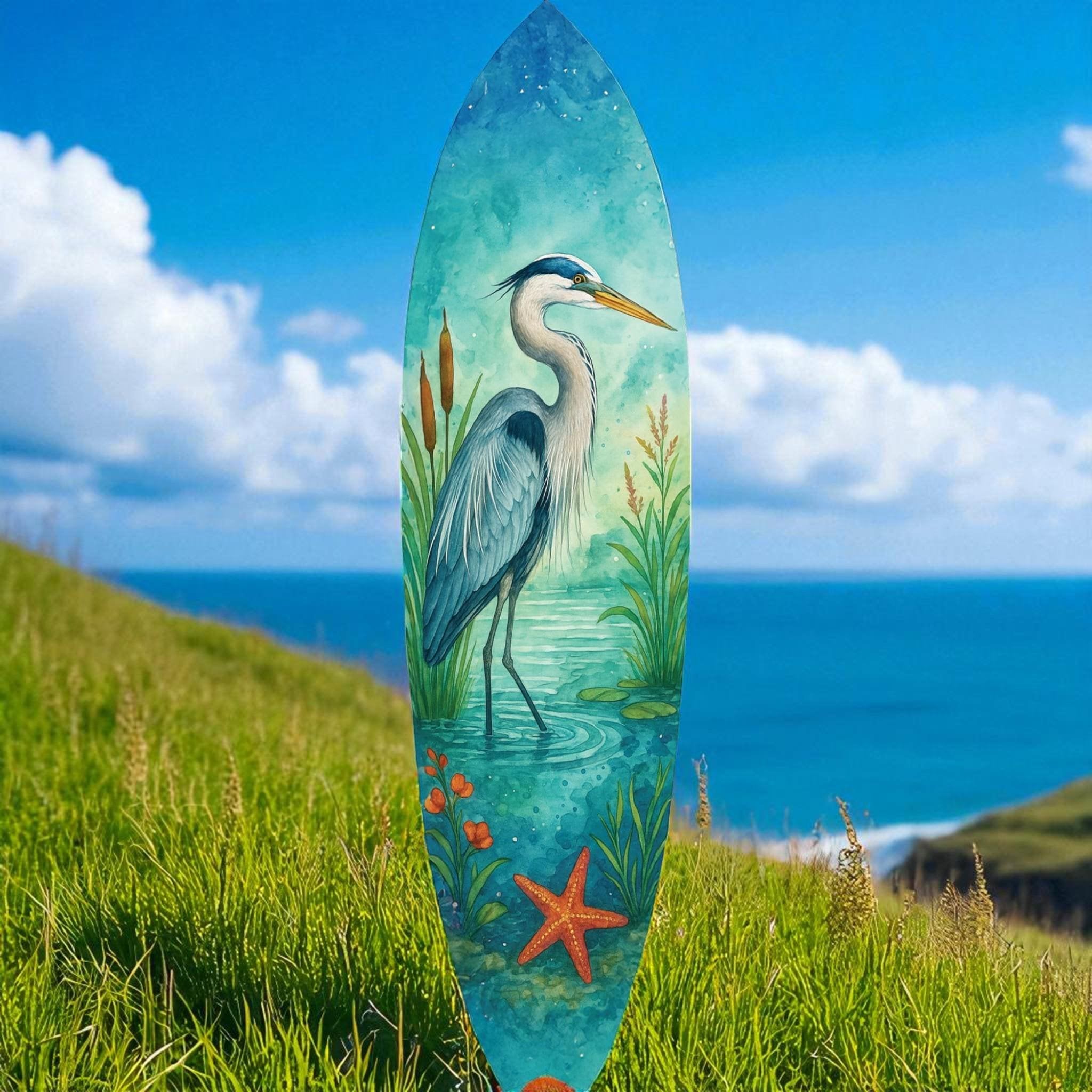 Egret Surfboard Wall Art: Coastal Bird Decor, Beach House Sign