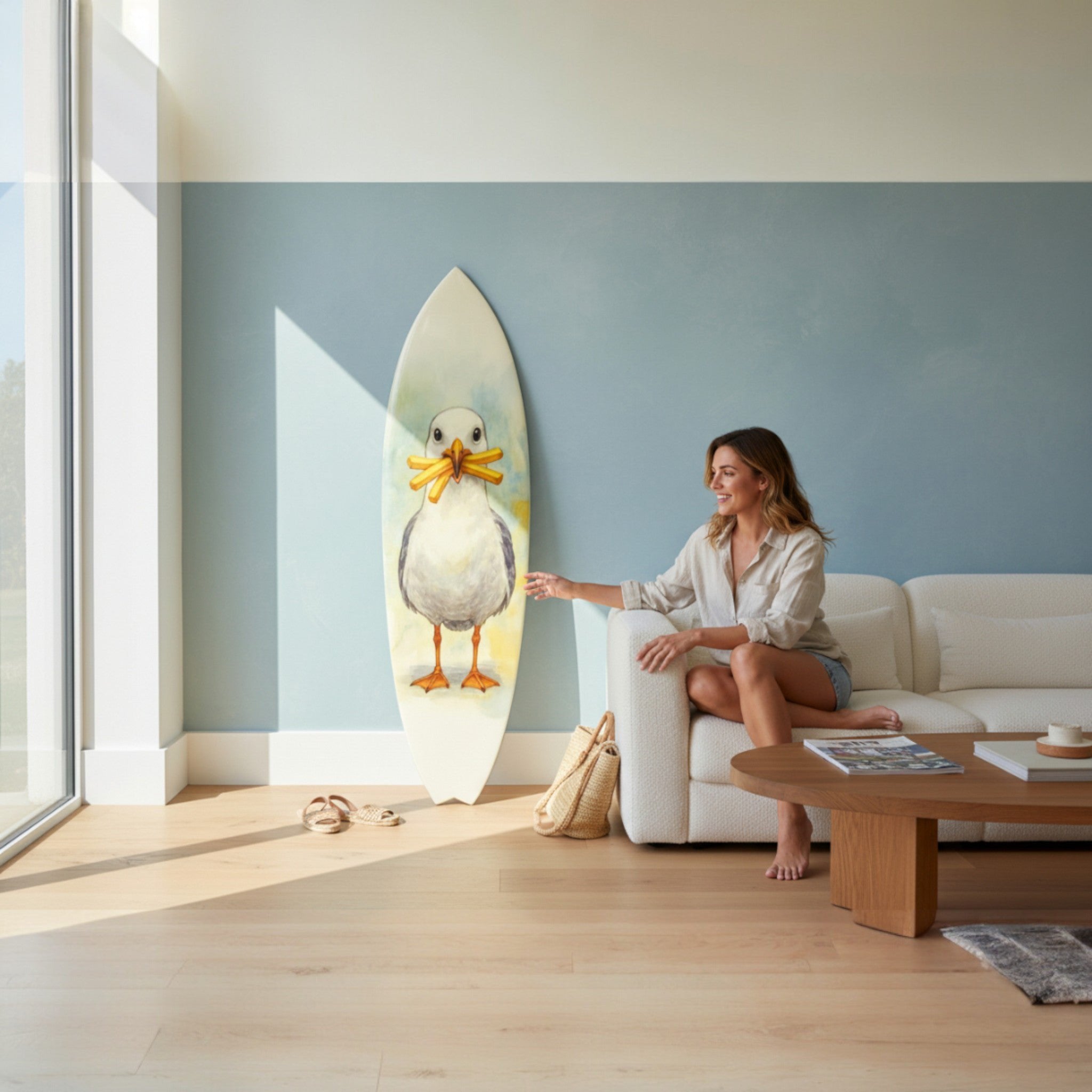 Sully the Seagull Surfboard Wall Art | JennyGems | Funny Coastal Decor for Beach House & Patio