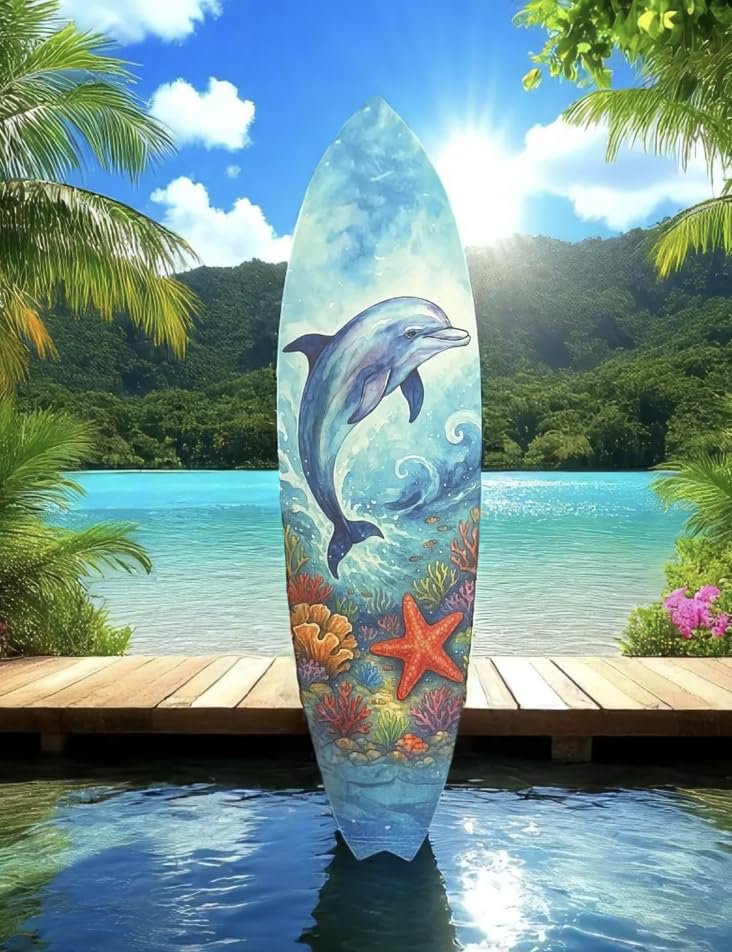 Dolphin Surfboard Decorative Beach House Wall Decor, Ocean Animal Wall Sign