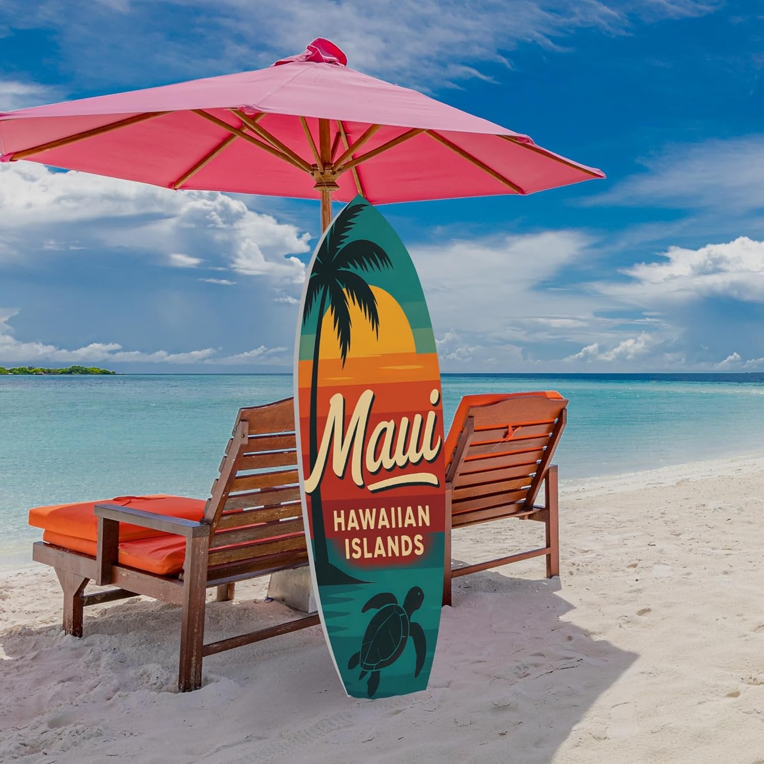 JennyGems Outdoor Surfboard Wall Art - Maui Hawaiian Islands Sign with Palm Tree Sea Turtle, Coastal Beach House Decor Weatherproof PVC