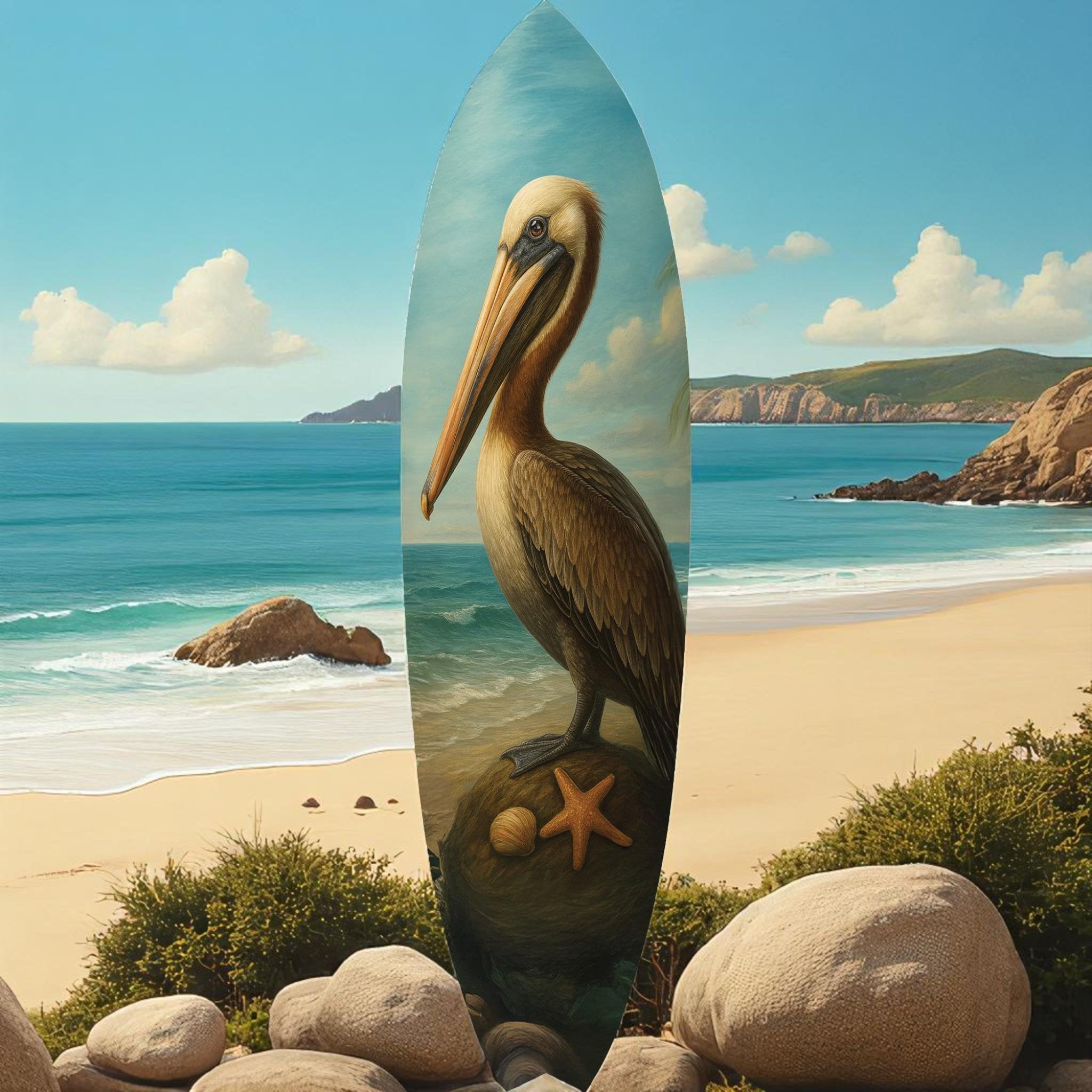 Pelican Surfboard Wall Art: Coastal Beach House Decor, Weatherproof PVC