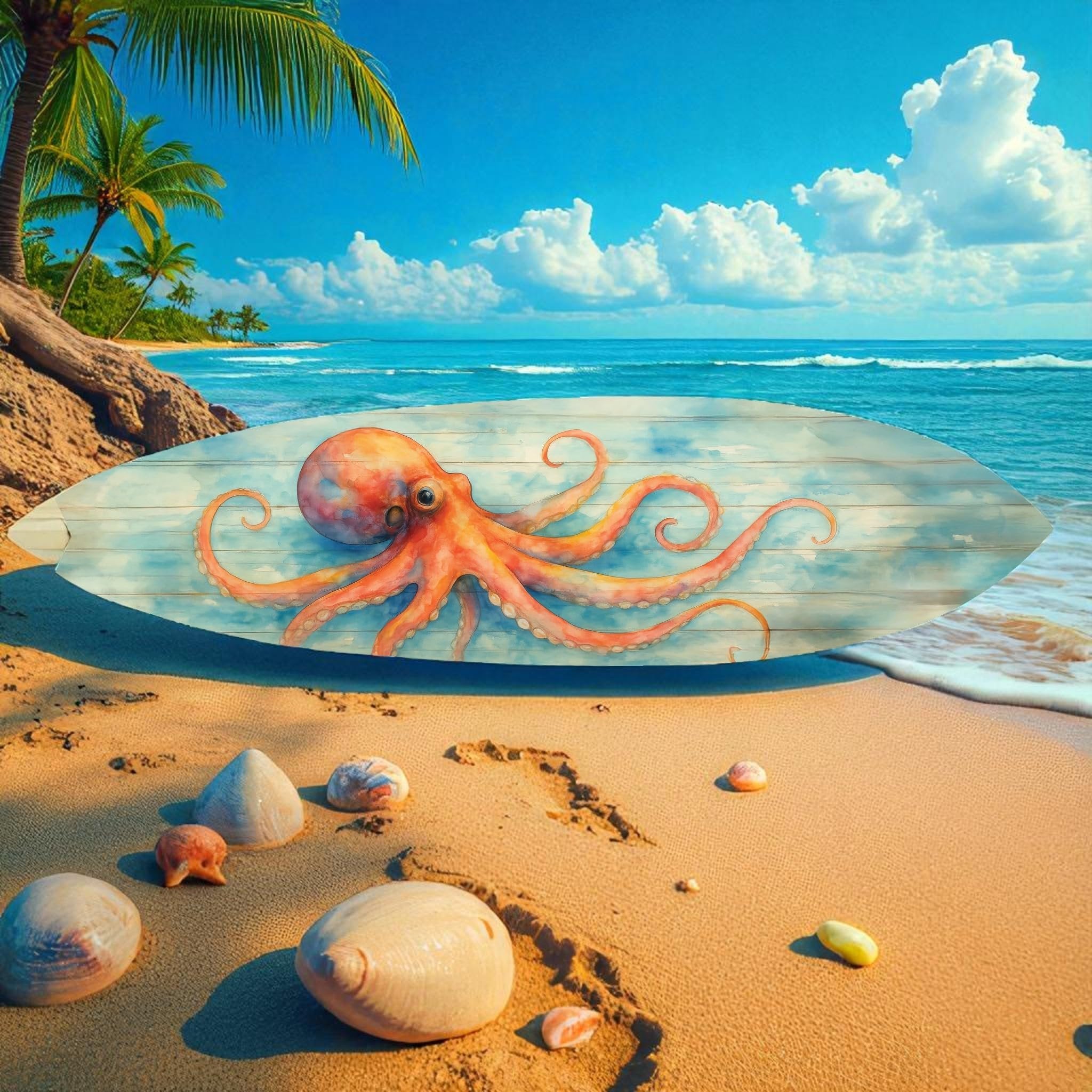 Octopus Surfboard Wall Art Coastal Nautical Decor, PVC Outdoor Beach Decoration
