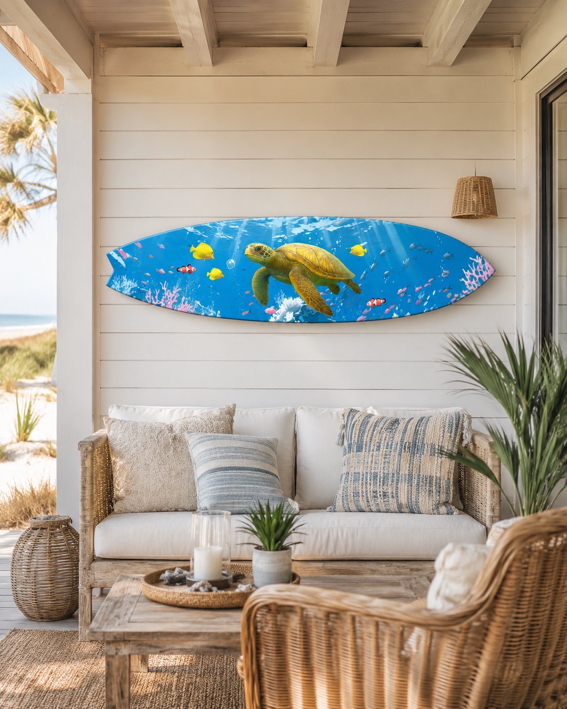 Sea Turtle Surfboard Wall Art, Horizontal Coastal PVC Decor, 1 FT to 5 FT
