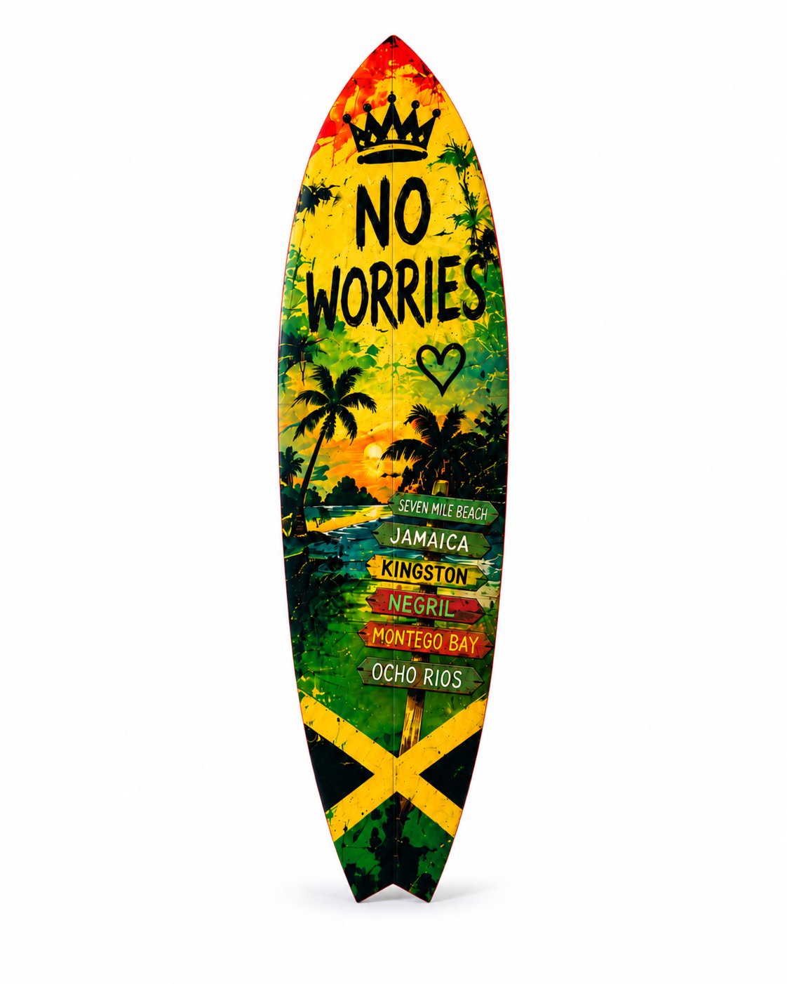 Outdoor Surfboard Wall Art Jamaica Good Vibes Sign with Sunset and Palm Trees, Beach House Tropical Coastal Decor Weatherproof PVC