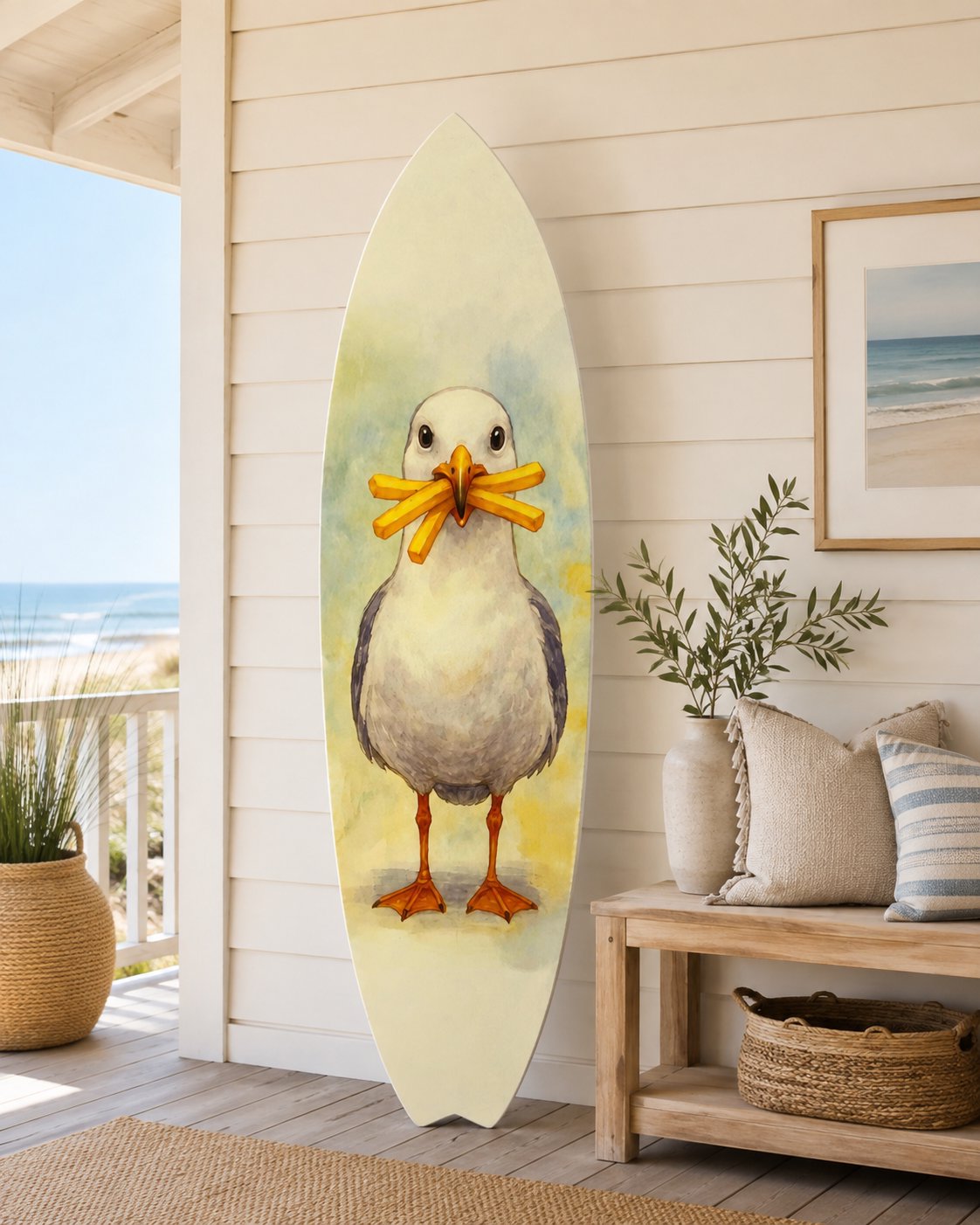 Sully the Seagull Surfboard Wall Art Eating French Fries | Funny Coastal Beach Decor