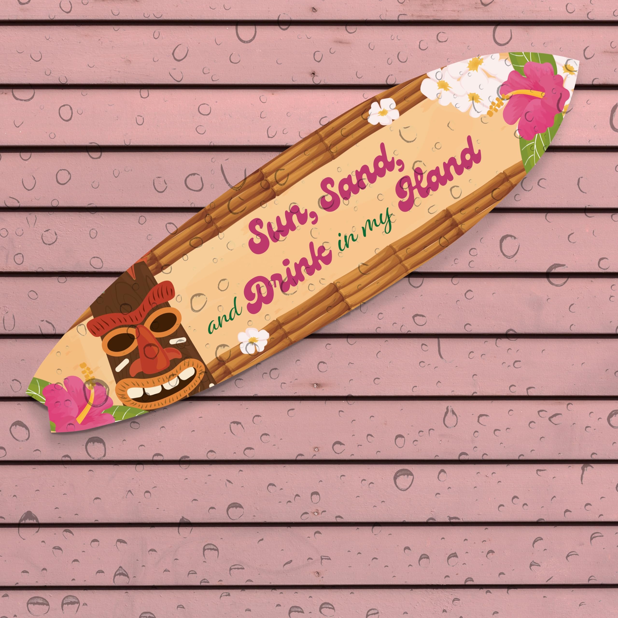 JennyGems Outdoor Tropical Surfboard and Tiki Bar Sign, Sun Sand Drink in Hand, Weather Resistant