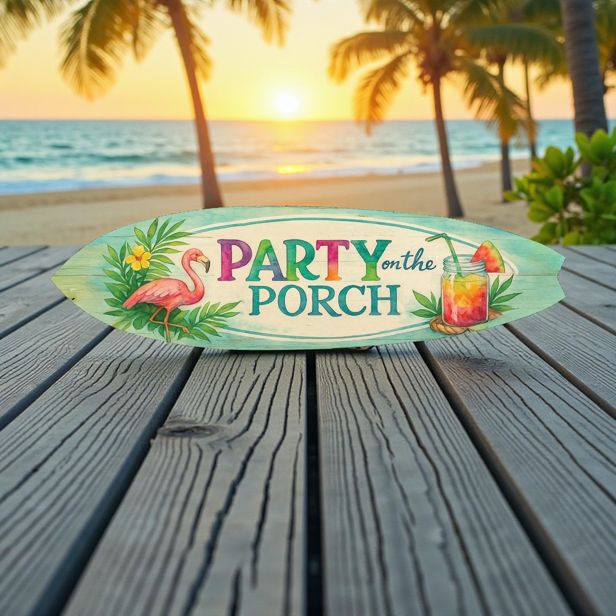 Party on the Porch Surfboard Wall Art – Indoor Outdoor PVC Porch Decor, Tropical Patio Sign, Flamingo Summer Decor