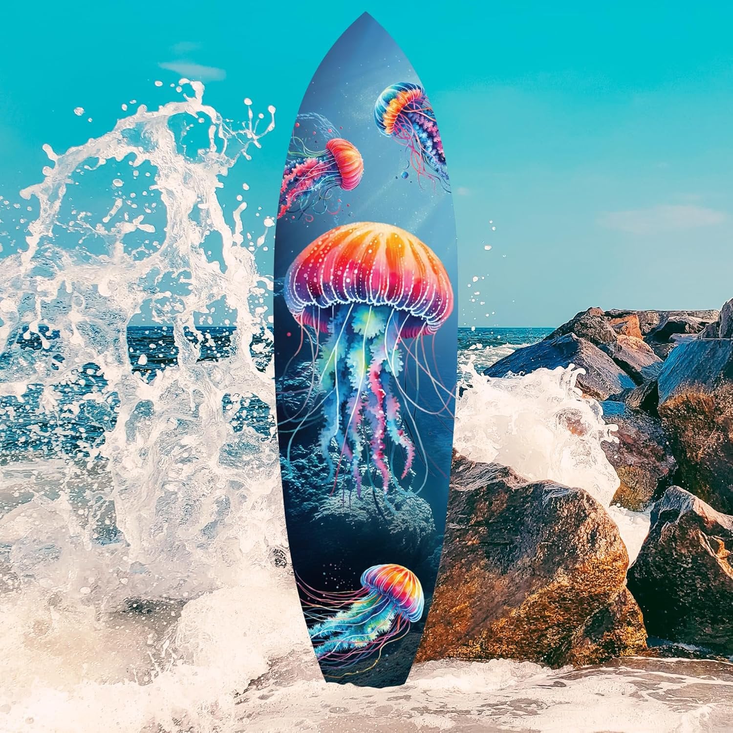 JennyGems Jellyfish Surfboard Wall Decor | Weatherproof PVC Ocean-Themed Wall Art for Indoor/Outdoor | Colorful Deep-Blue Jellyfish Design | Decorative Hanging Board Not a Real Surfboard | 3 Foot
