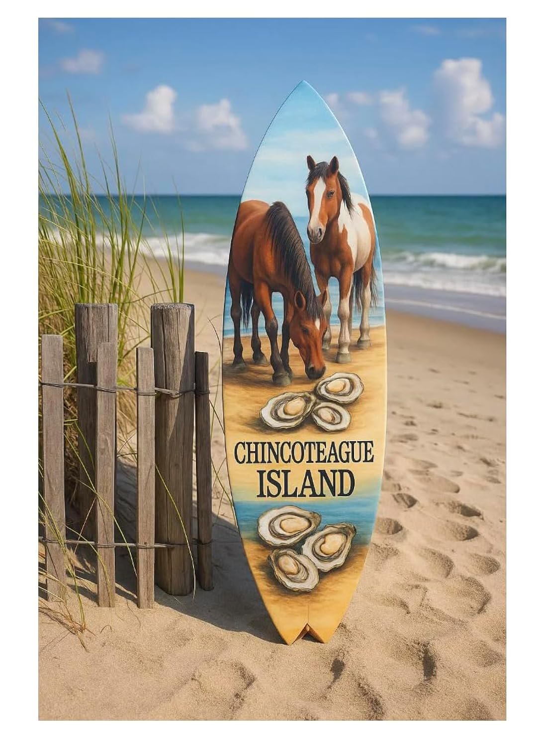 Outdoor Chincoteague Island Virginia Decorative Surfboard Sign, Wild Horses and Oysters Design, Indoor Outside PVC Wall Art (3 Foot)