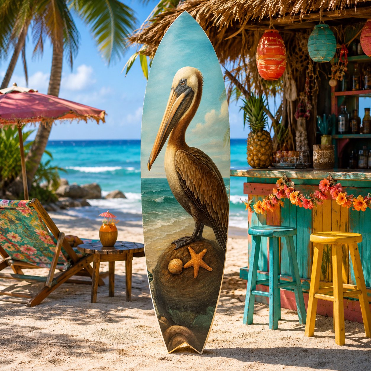 Pelican Surfboard Wall Art, Coastal Bird Decor, Beach House Sign