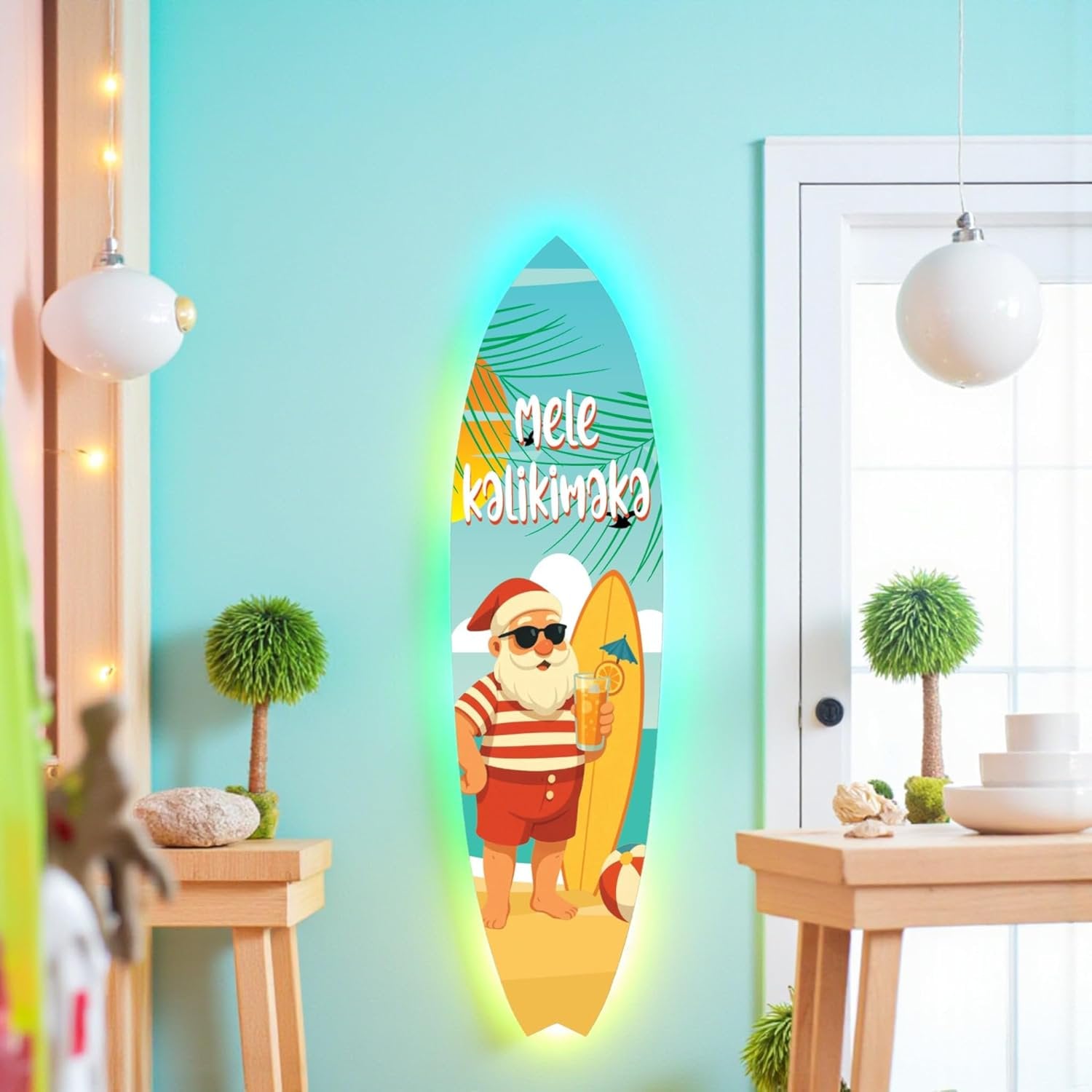 Mele Kalikimaka Christmas Surfboard Wall Art - Weather-Resistant PVC, Tropical Holiday Decor (4 Foot)
