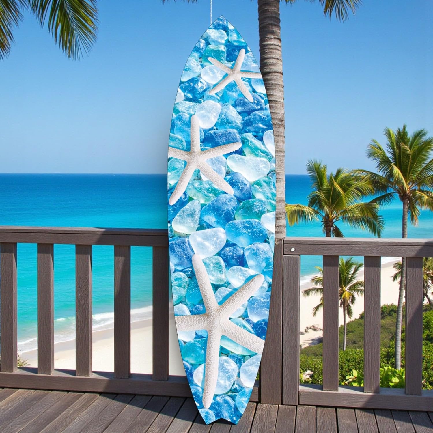 Starfish & Sea Glass Surfboard Wall Art | JennyGems | Blue Ocean Coastal Decor, Indoor Outdoor PVC