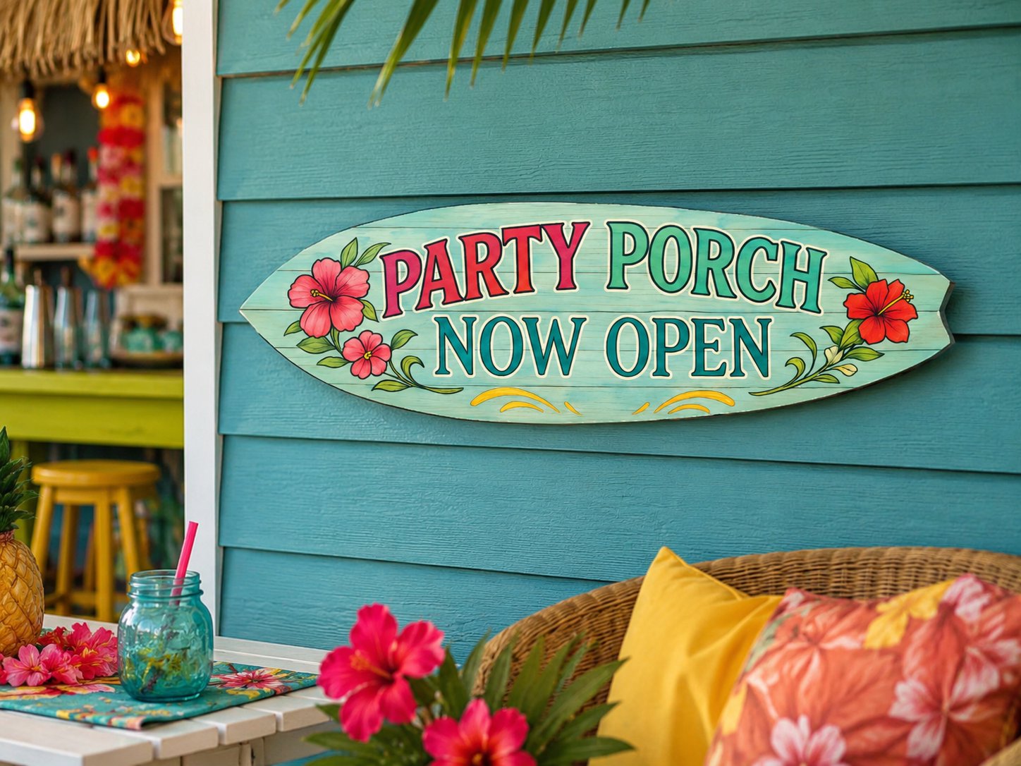 Party Porch Now Open Surfboard Sign, Tropical Hibiscus PVC Decor, 1-5 FT