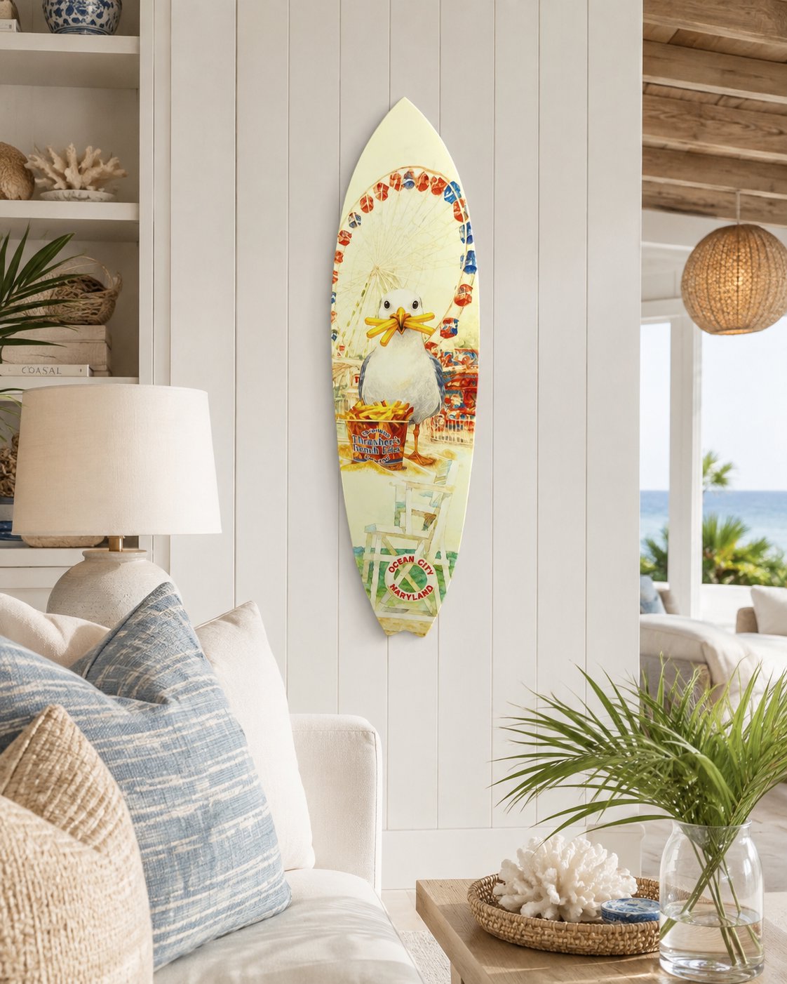 Ocean City Surfboard Wall Art: Seagull & Fries - Coastal Beach House Decor
