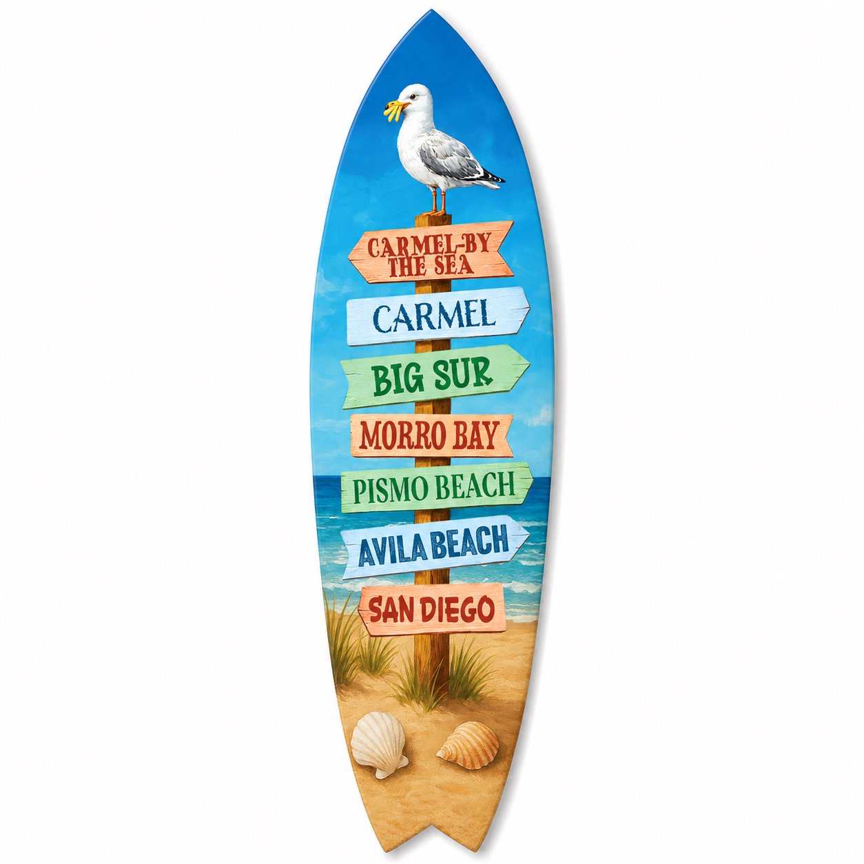 California Coastal Surfboard Sign With Beach Destinations Carmel By The Sea