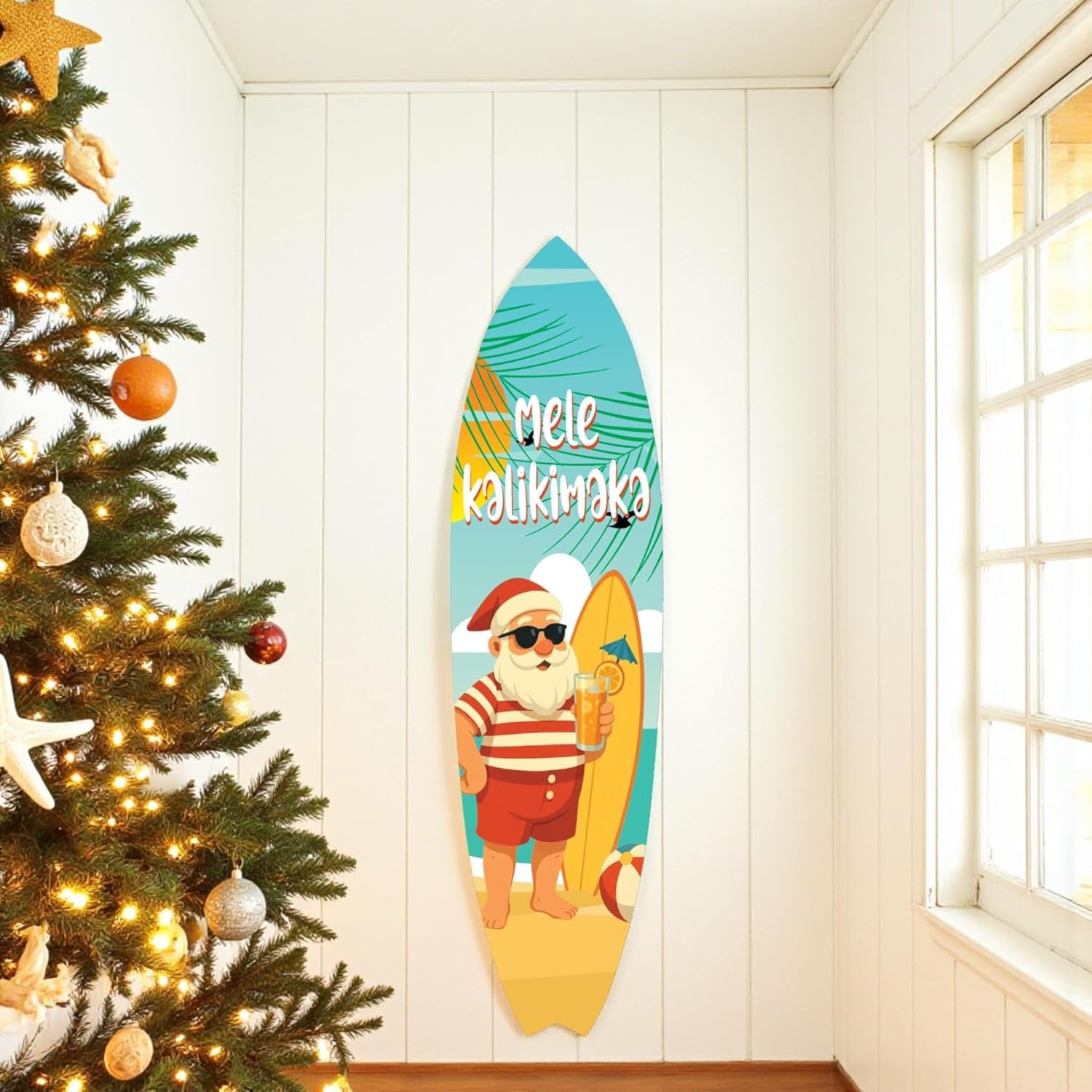 Mele Kalikimaka Christmas Surfboard Wall Art - Weather-Resistant PVC, Tropical Holiday Decor (4 Foot)