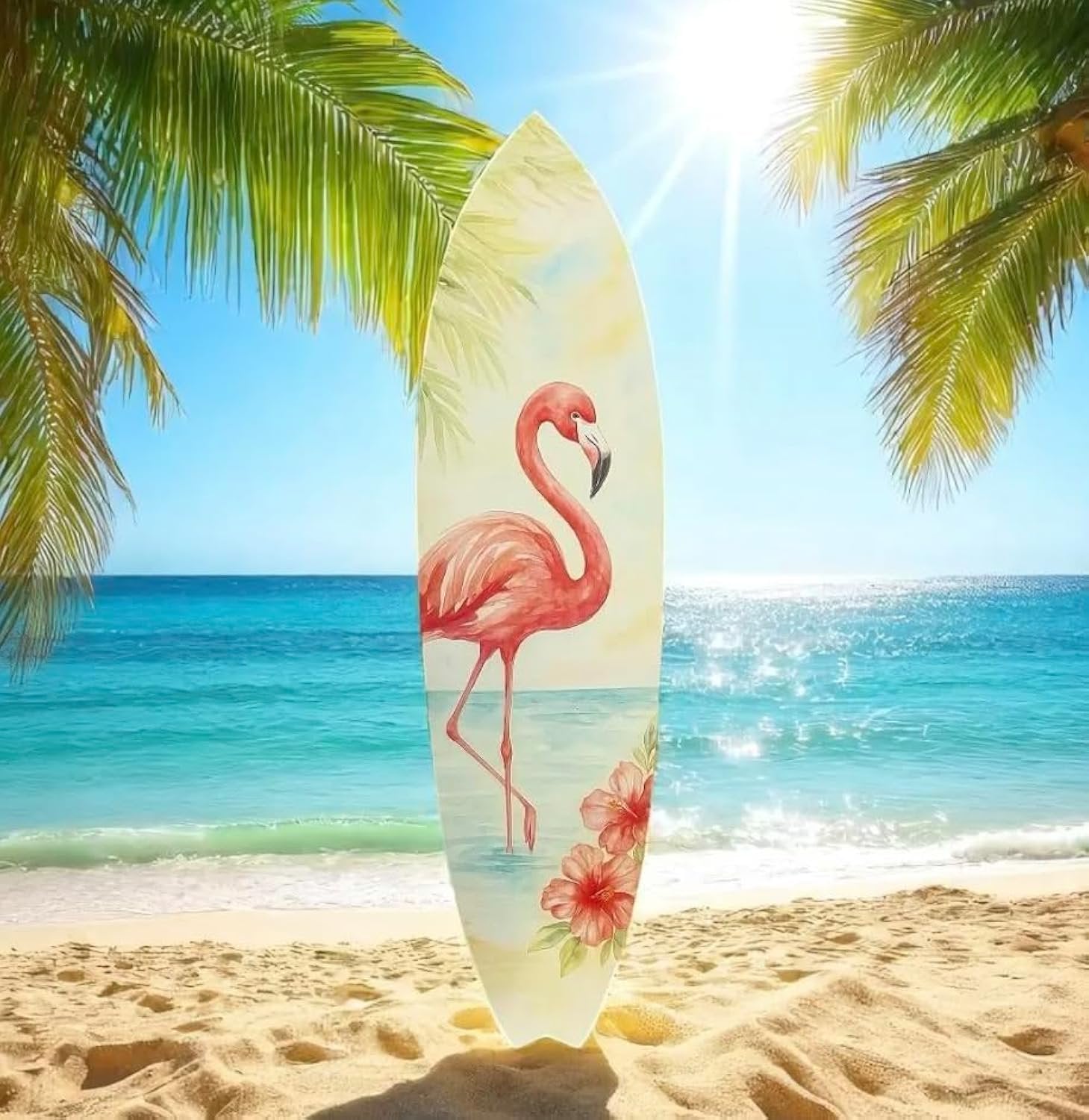 JennyGems Flamingo Surfboard Wall Art – Tropical PVC Beach House Decor, Coastal Flamingo Sign for Porch or Patio, Outdoor Weatherproof Wall Art