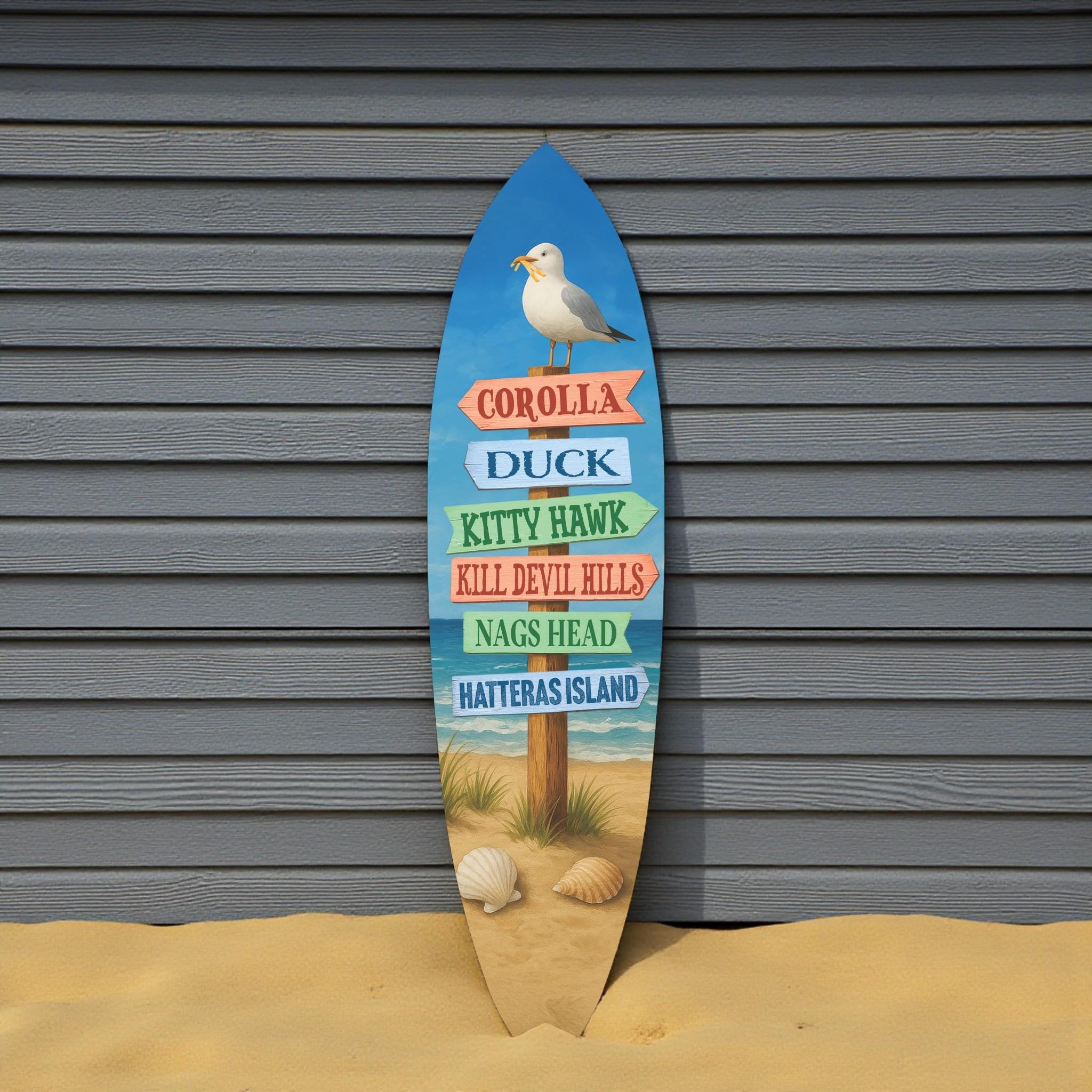 Outer Banks Surfboard Wall Art, Directional Beach Towns Sign, Weather-Resistant PVC Coastal Decor
