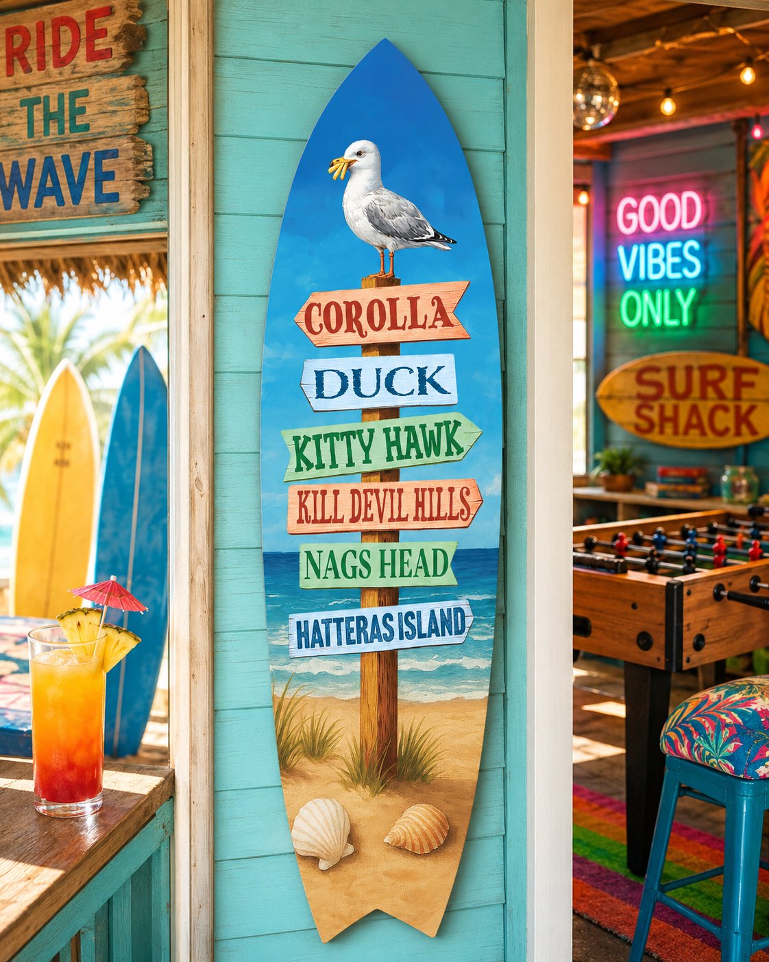 Outer Banks Surfboard Wall Art, Directional Beach Towns Sign, Weather-Resistant PVC Coastal Decor