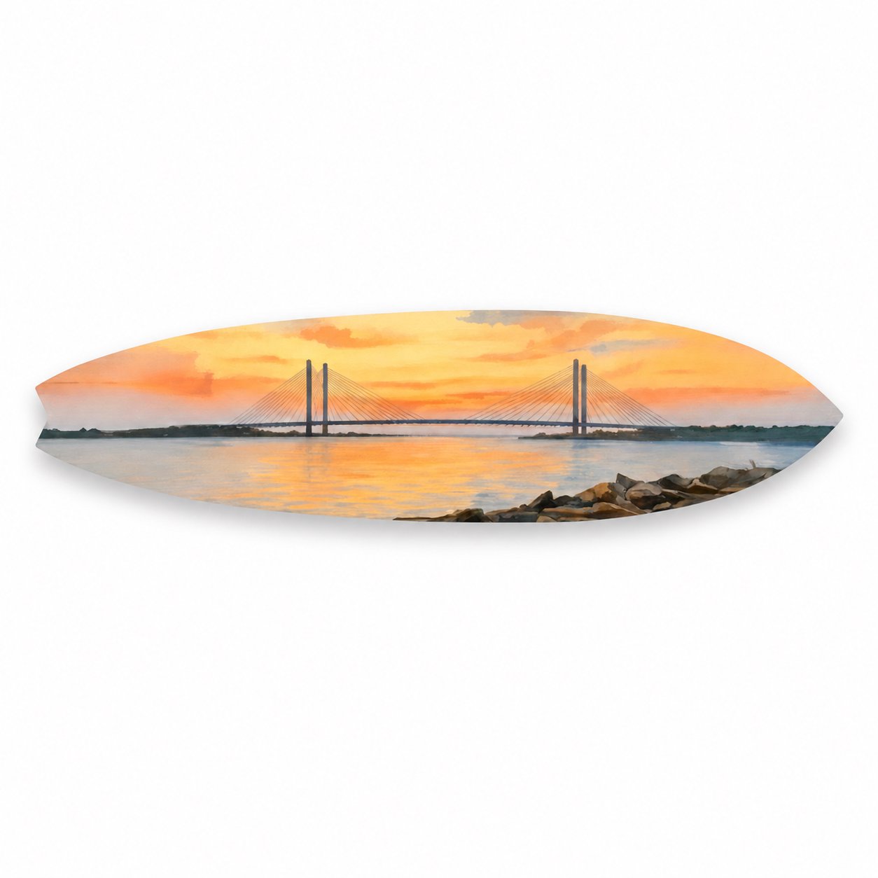 Indian River Bridge Delaware Surfboard, Decorative Water Color Art