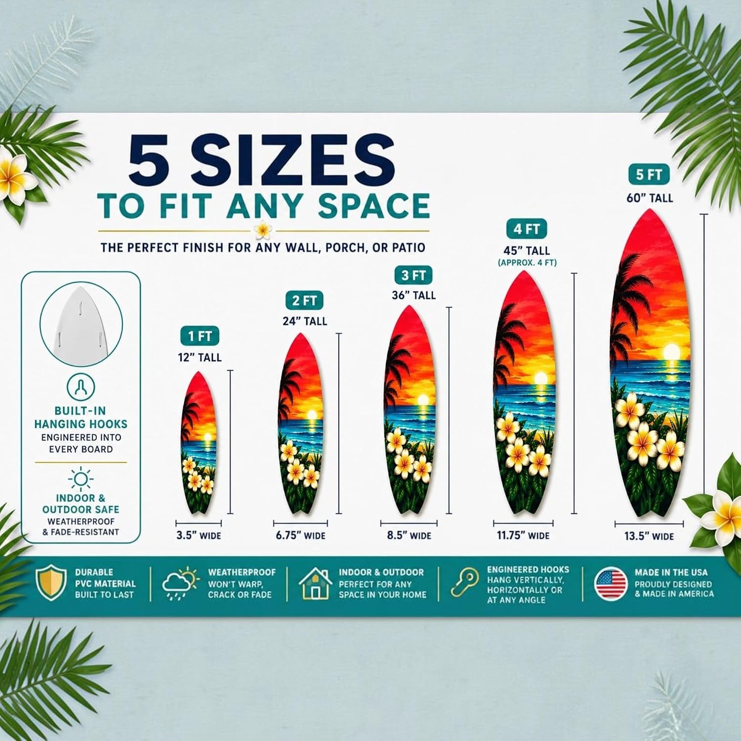 Tropical Surfboard with Palm Trees and Plumeria Flowers