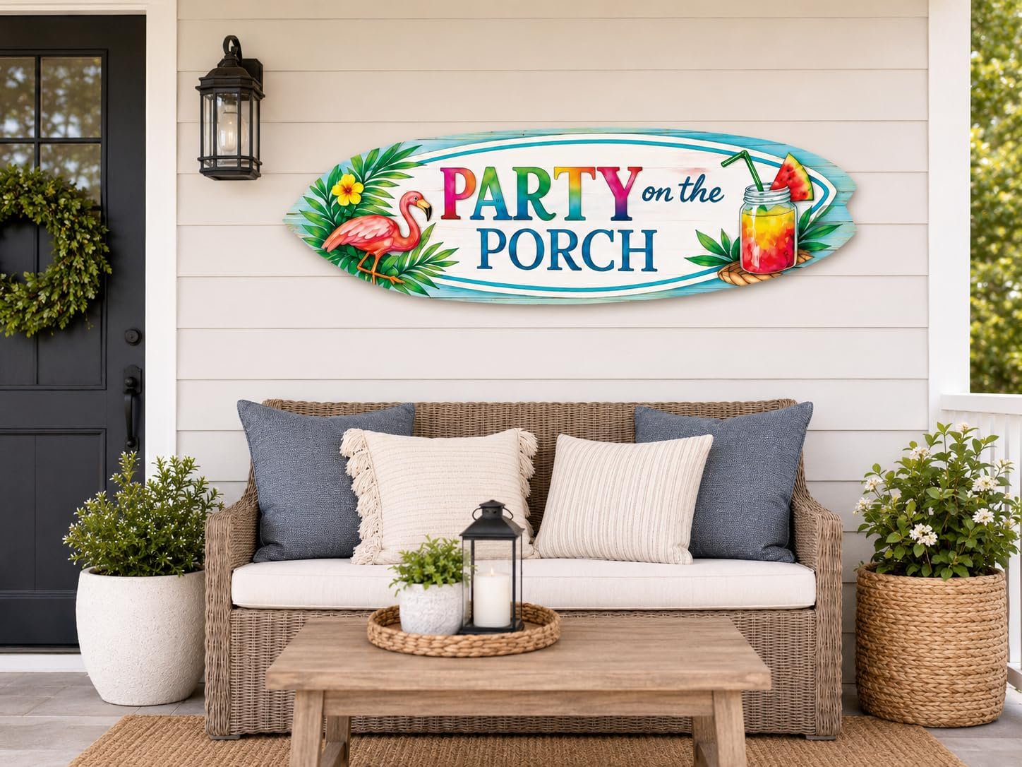 Party on the Porch Surfboard Wall Art, Indoor Outdoor PVC Flamingo Sign
