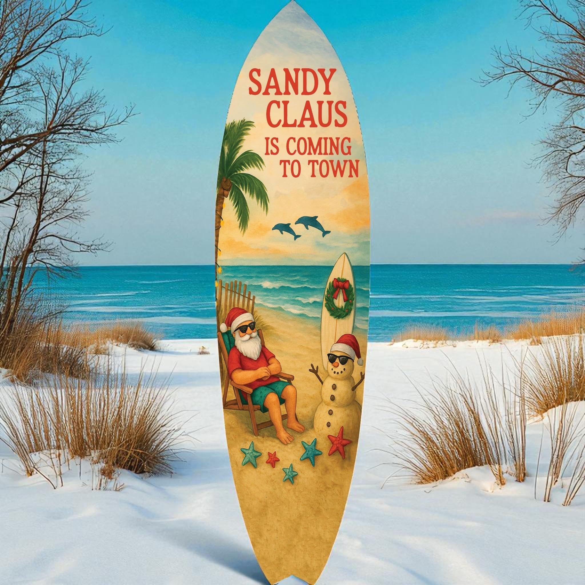 Sandy Claus Christmas Surfboard Wall Art – Outdoor PVC Holiday Decor with Santa Snowman Dolphins
