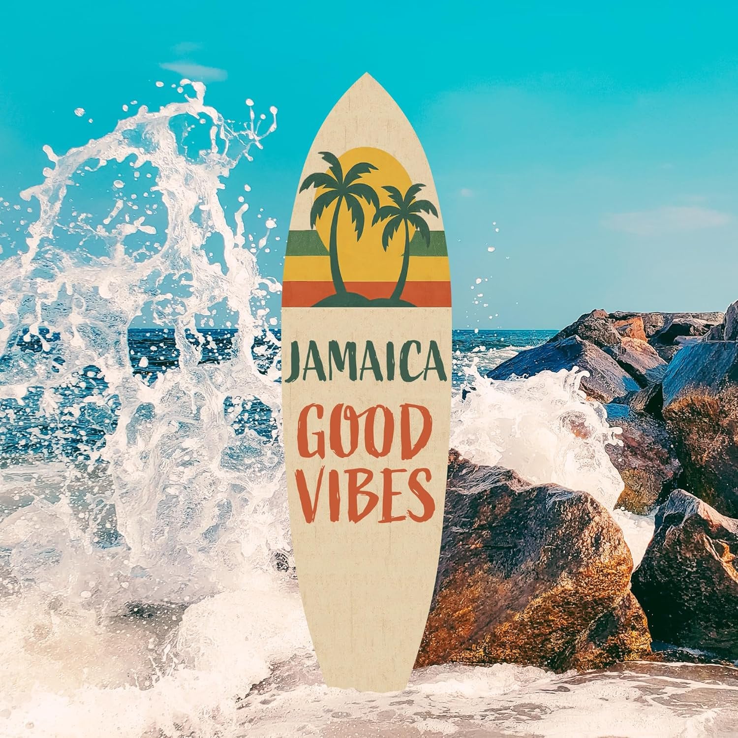 Outdoor Surfboard Wall Art Jamaica Good Vibes Sign with Sunset and Palm Trees, Beach House Tropical Coastal Decor Weatherproof PVC, 5 Foot