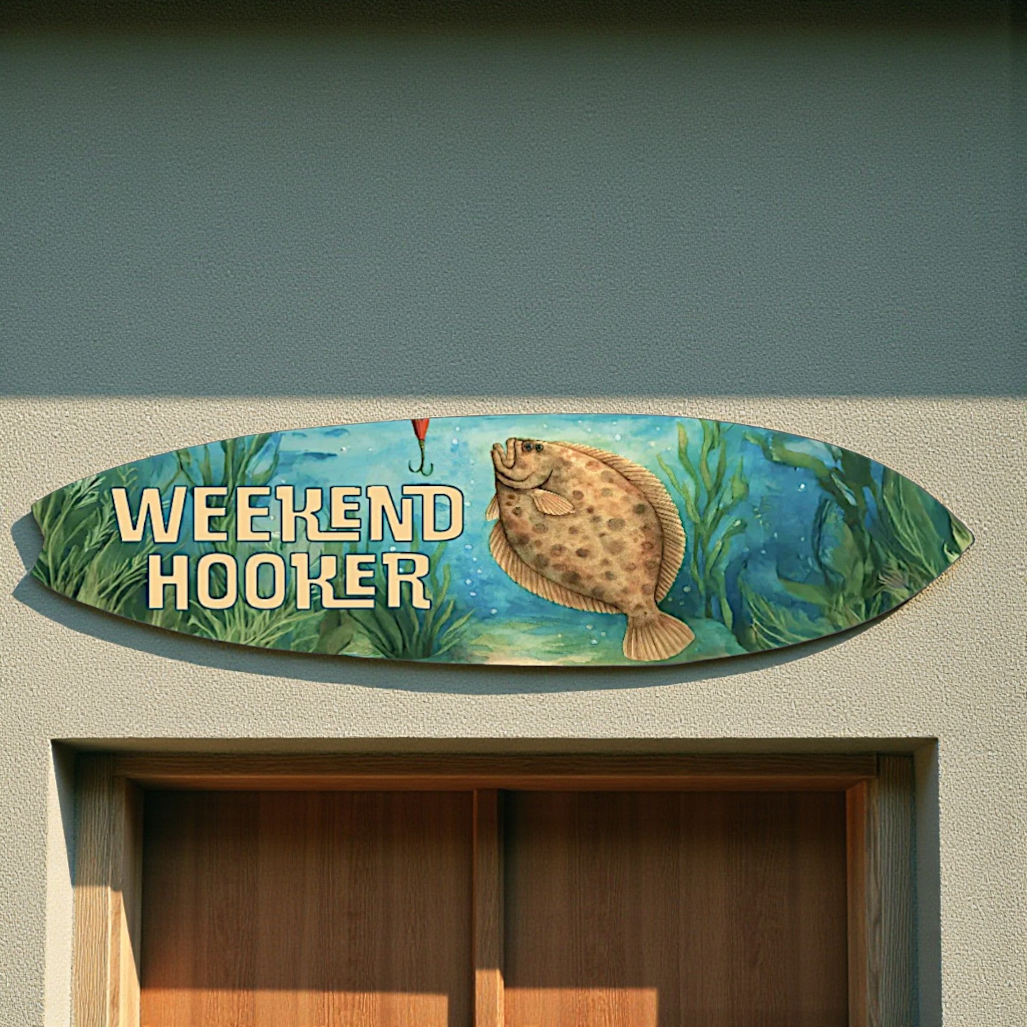 Weekend Hooker Funny Fishing Surfboard Wall Art, Flounder PVC Sign, 1-5 FT