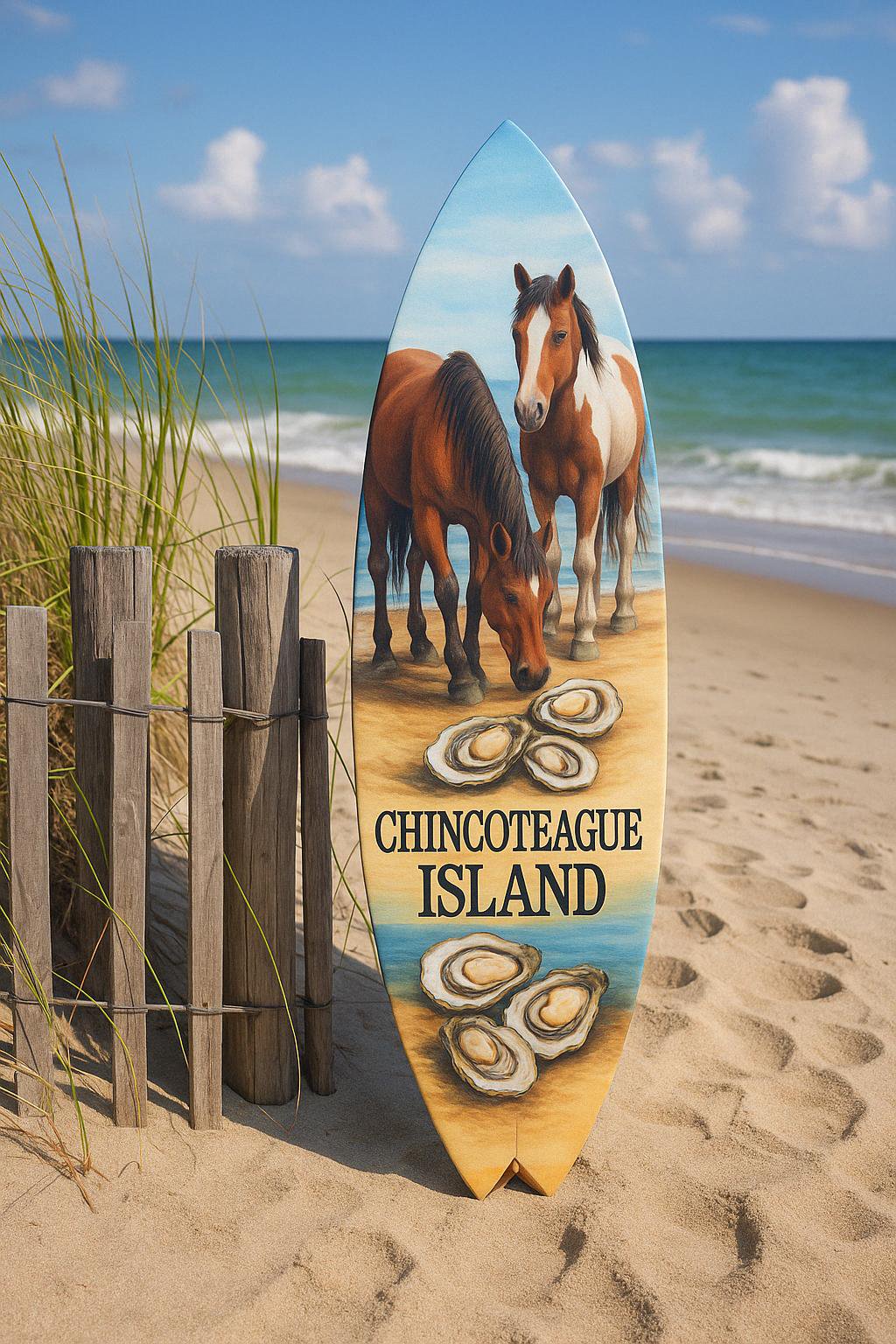 Chincoteague Island Surfboard Wall Art: Ponies & Oysters, Coastal Decor