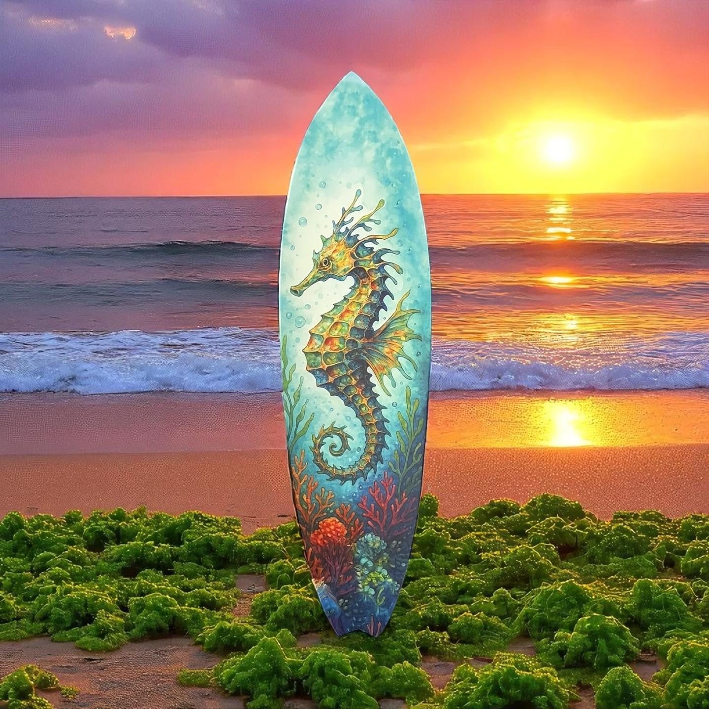 Seahorse Surfboard Wall Art, Coastal PVC Beach Decor, Ocean Theme, 1 FT-5 FT