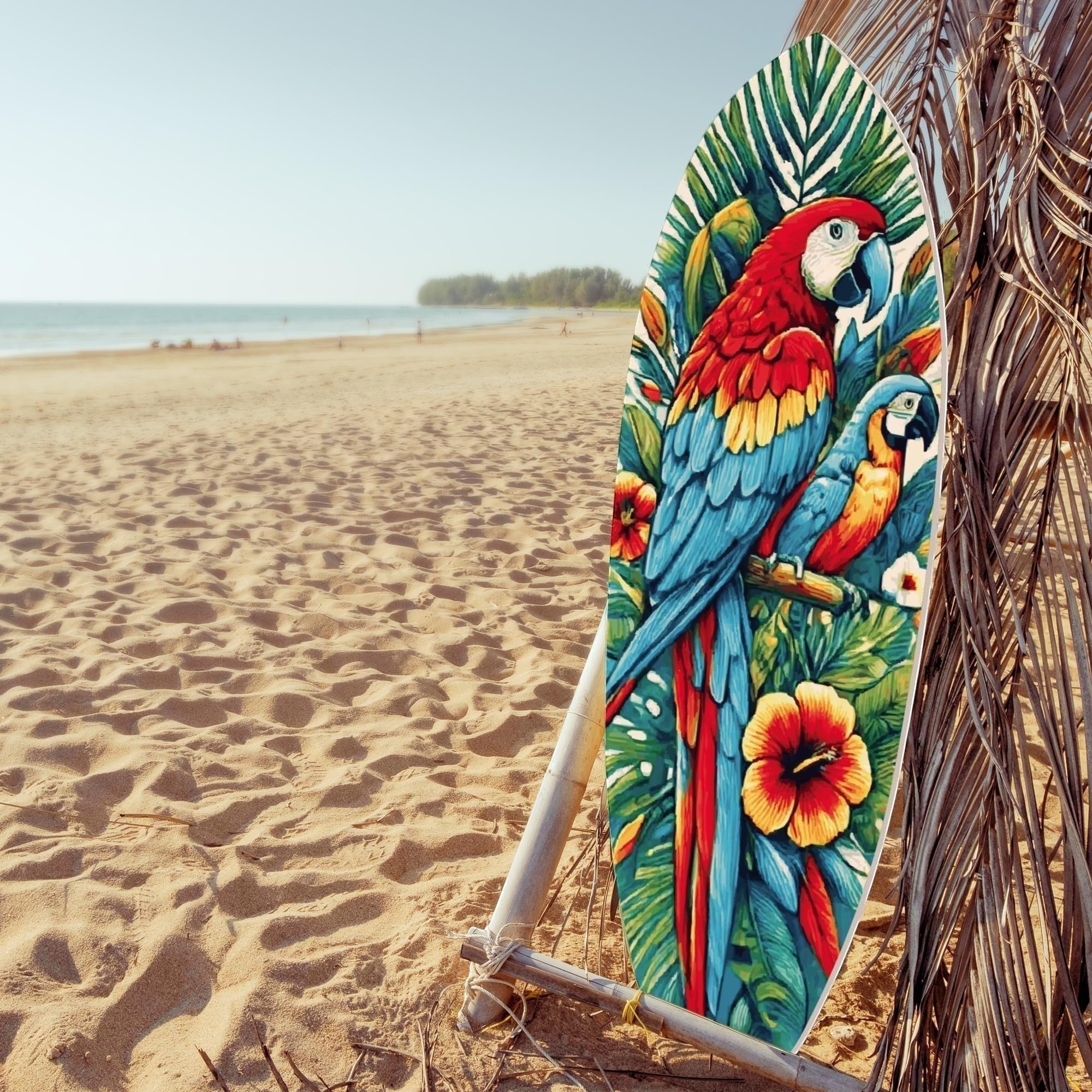 Tropical Parrot Surfboard Wall Art | JennyGems | Macaw & Hibiscus Coastal Decor, Indoor Outdoor PVC