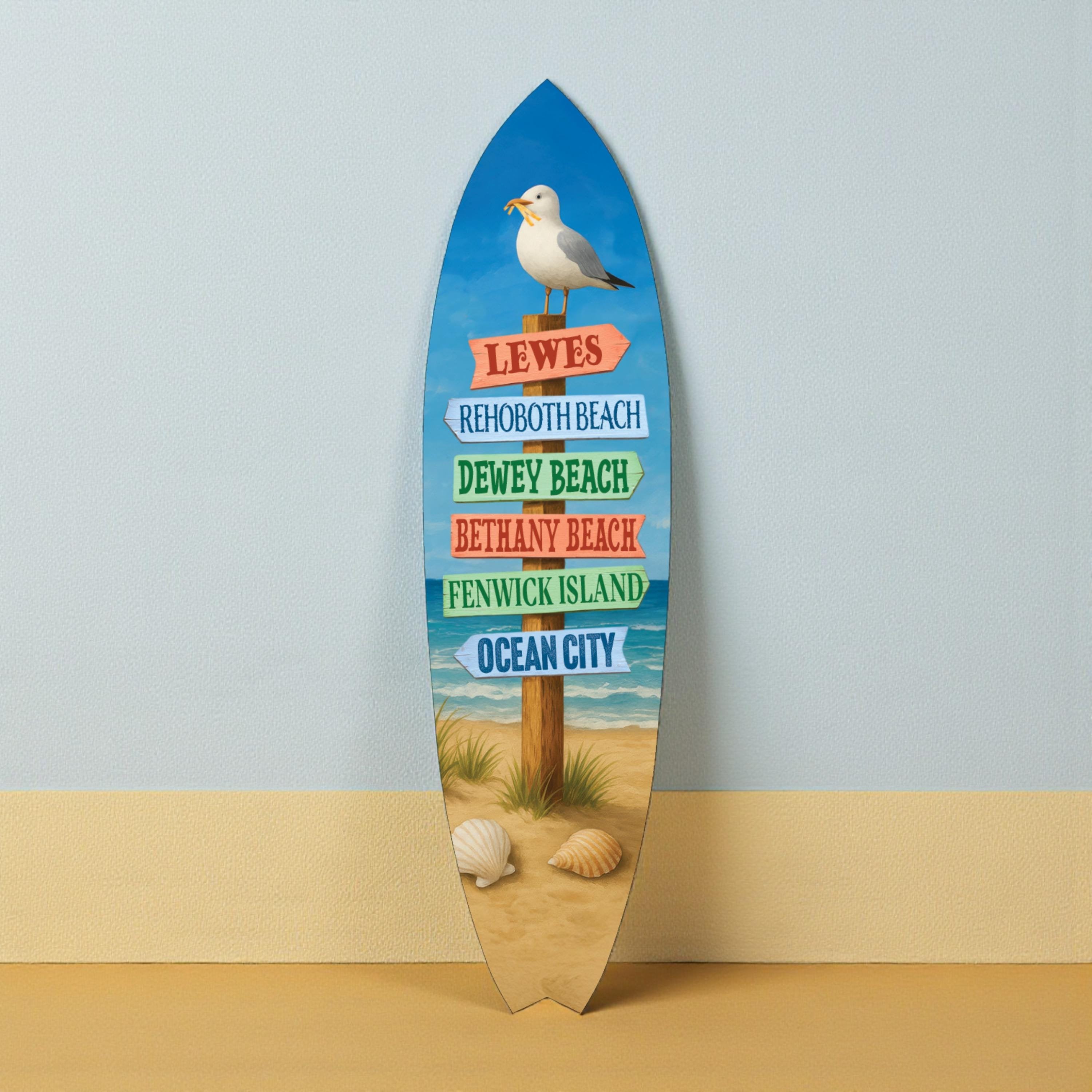 Delaware Beaches Surfboard Wall Art – Coastal Directional Sign Nautical Decor