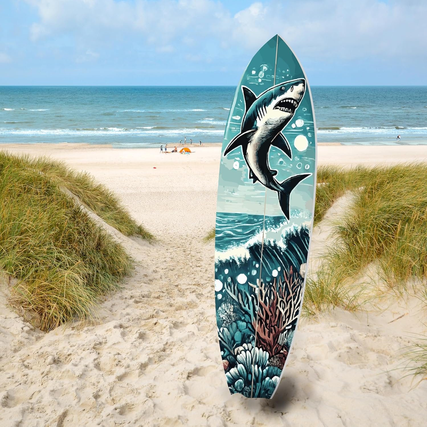 JennyGems Shark Surfboard Wall Art, Ocean Themed Shark Decor, Weather Resistant Indoor Outdoor, 36 x 10 inches