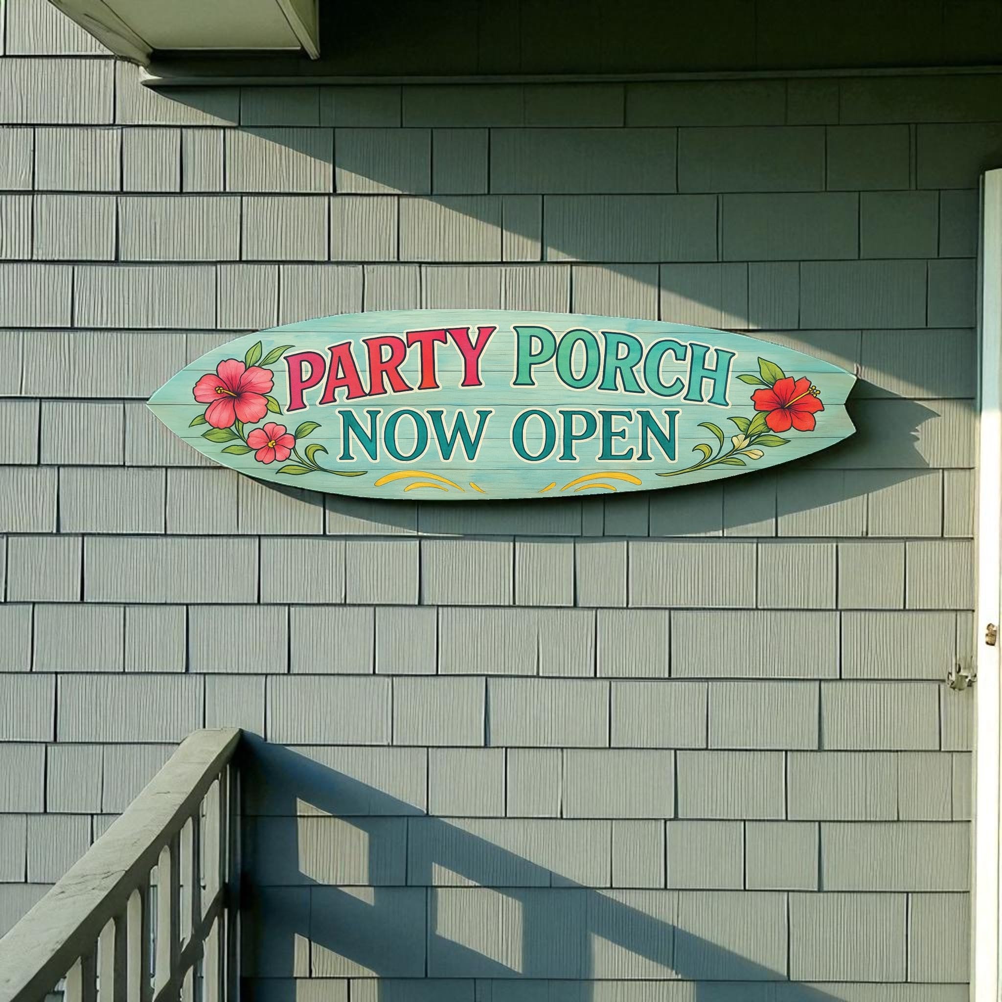 Party Porch Now Open Surfboard Sign, Tropical Hibiscus PVC Decor, 1-5 FT
